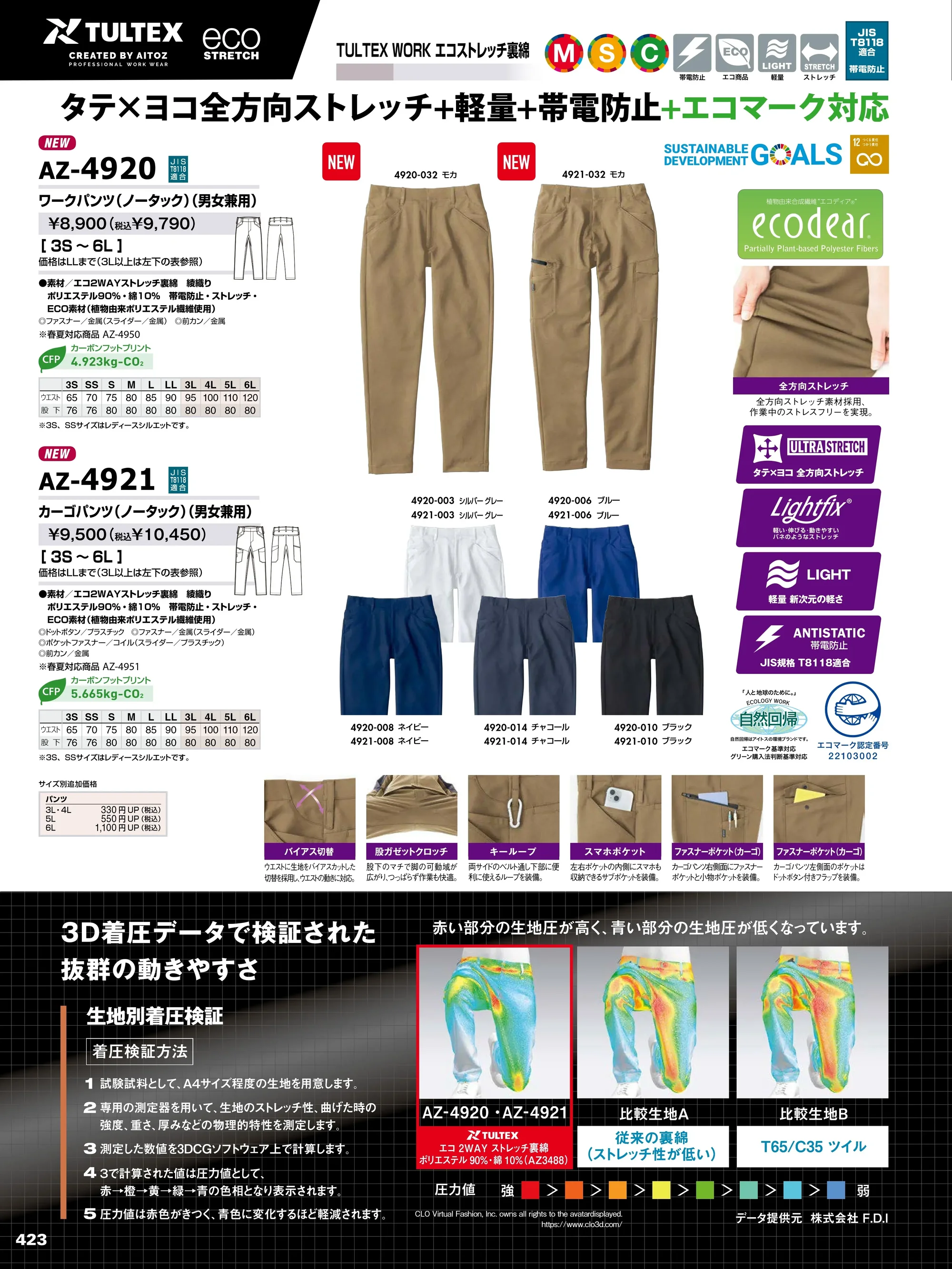 アイトス AZ-4921 カーゴパンツ（ノータック）（男女兼用） 関連情報 カタログ 423ページ