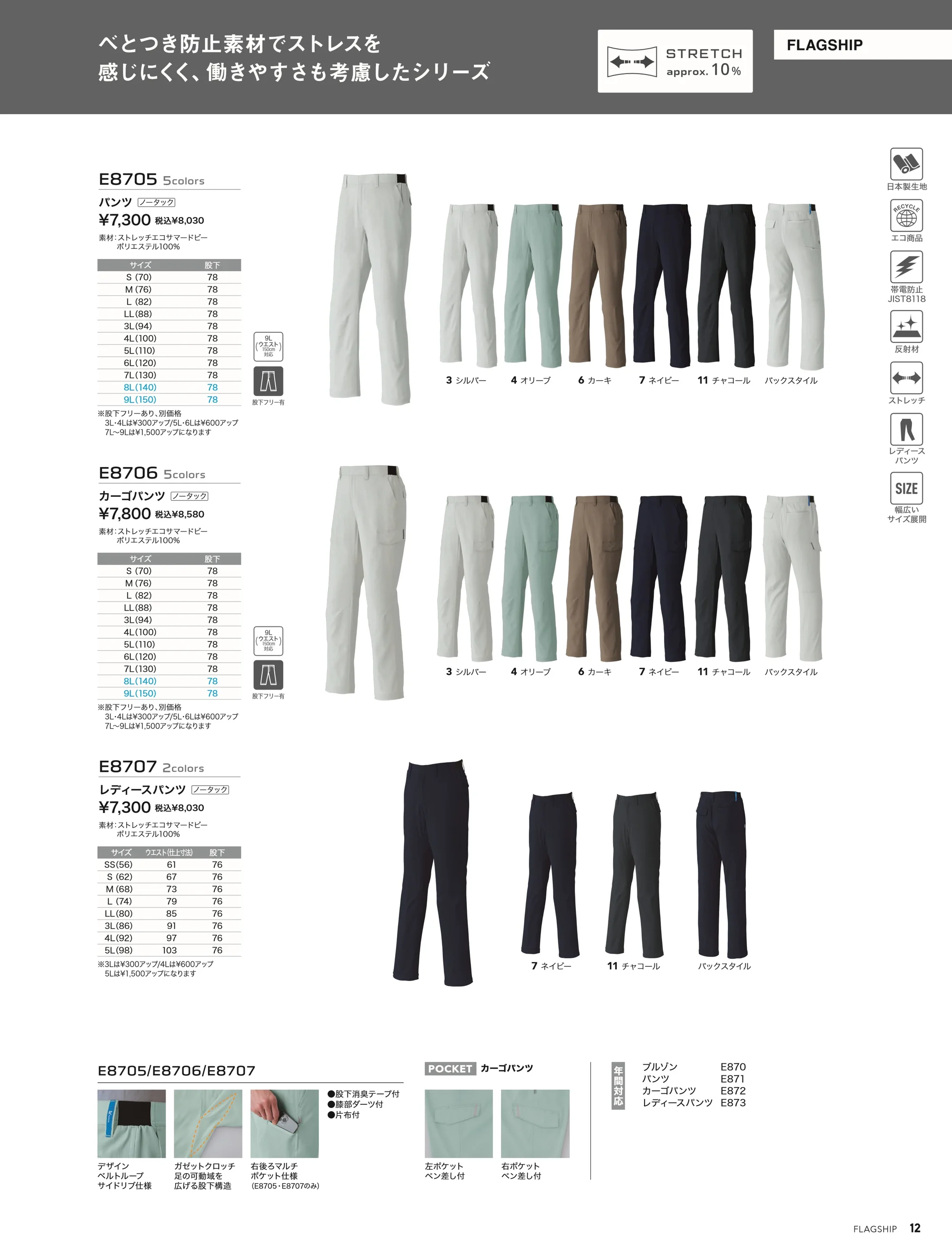 旭蝶繊維 E8701 半袖ブルゾン 関連情報 カタログ 12ページ