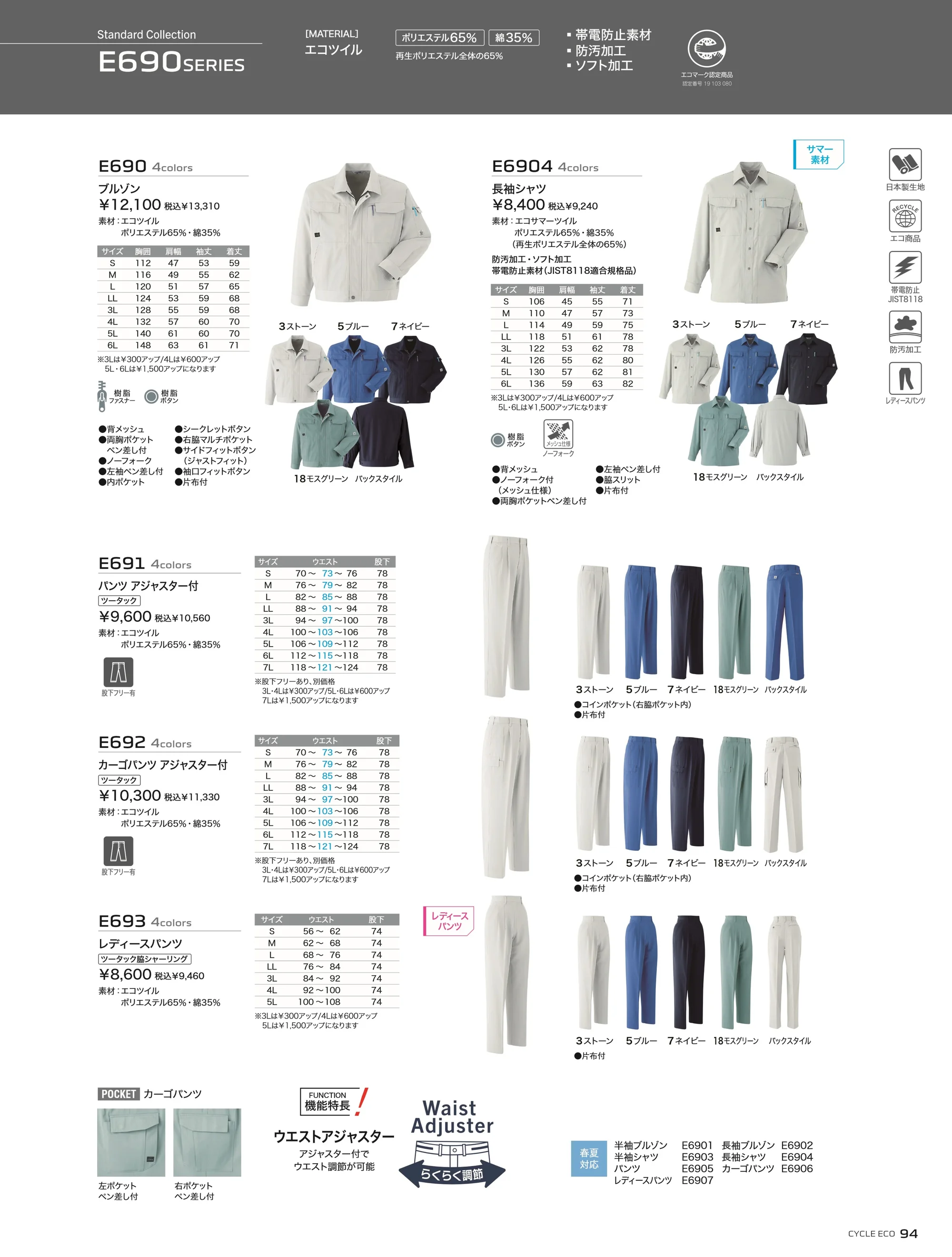 旭蝶繊維 E693 レディスパンツ（ツータック 脇シャーリング） 関連情報 カタログ 94ページ