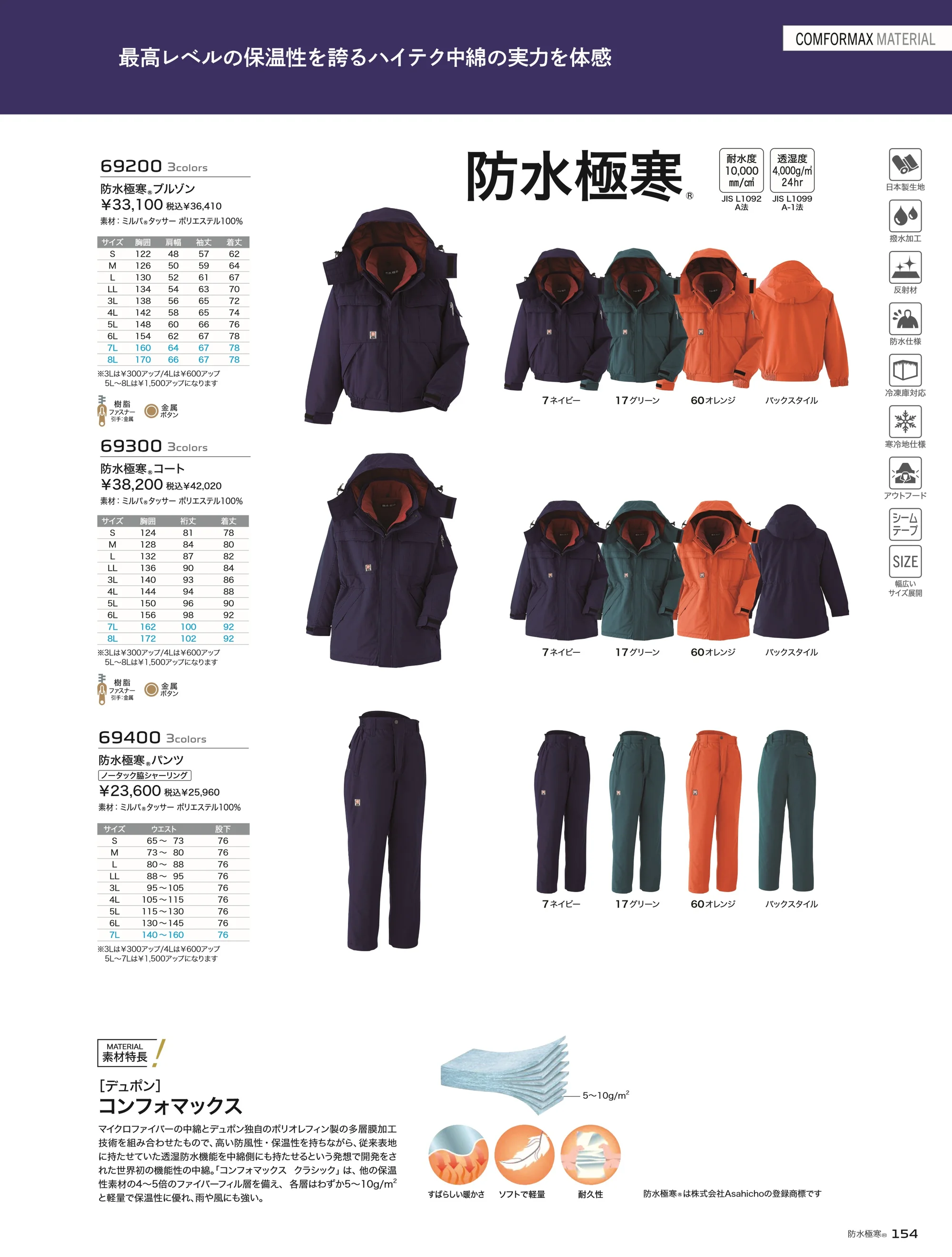 旭蝶繊維 69200 防水極寒 ブルゾン（裾シャーリング） 関連情報 カタログ 154ページ