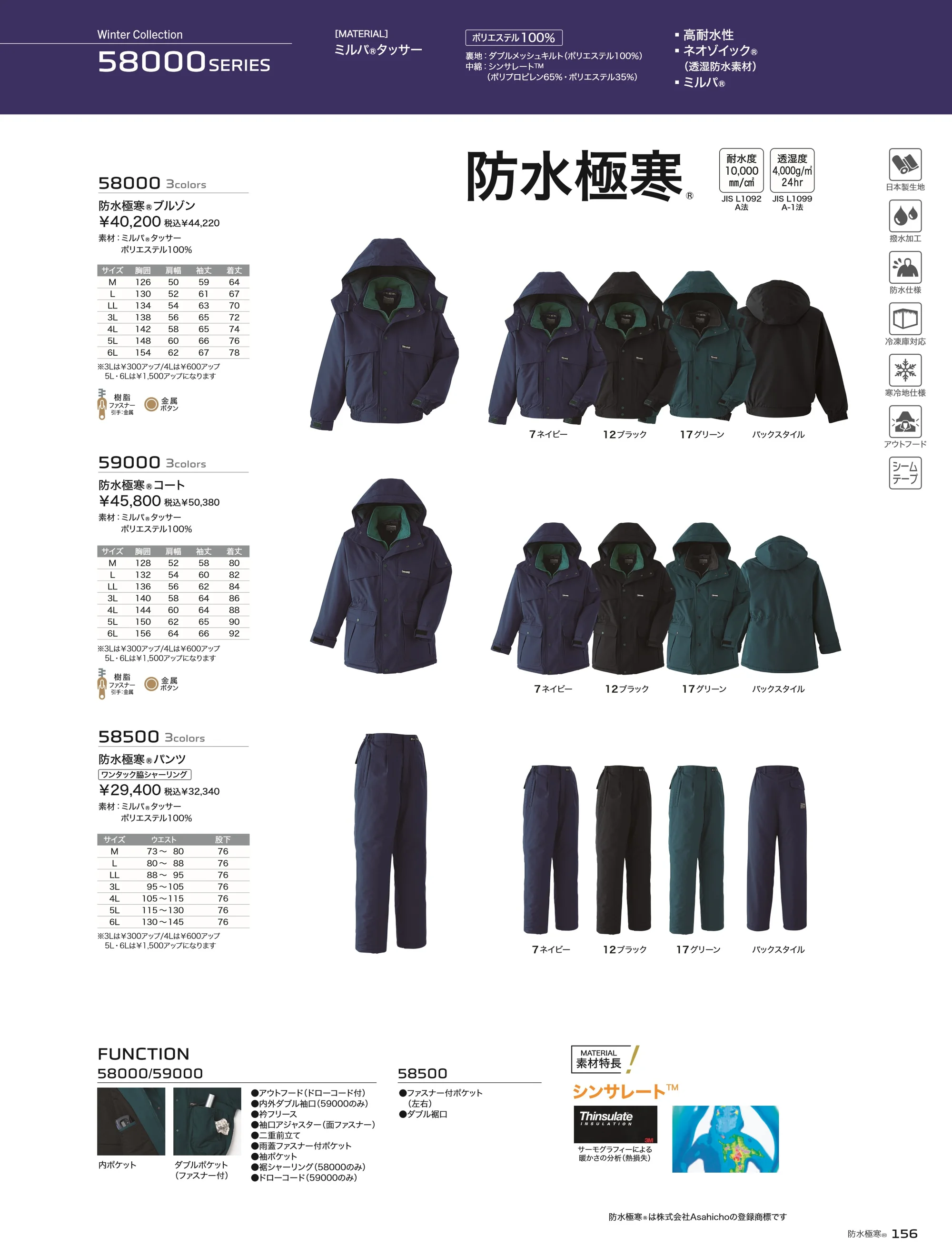 旭蝶繊維 58500 防水極寒 パンツ（ワンタック・脇シャーリング） 関連情報 カタログ 156ページ
