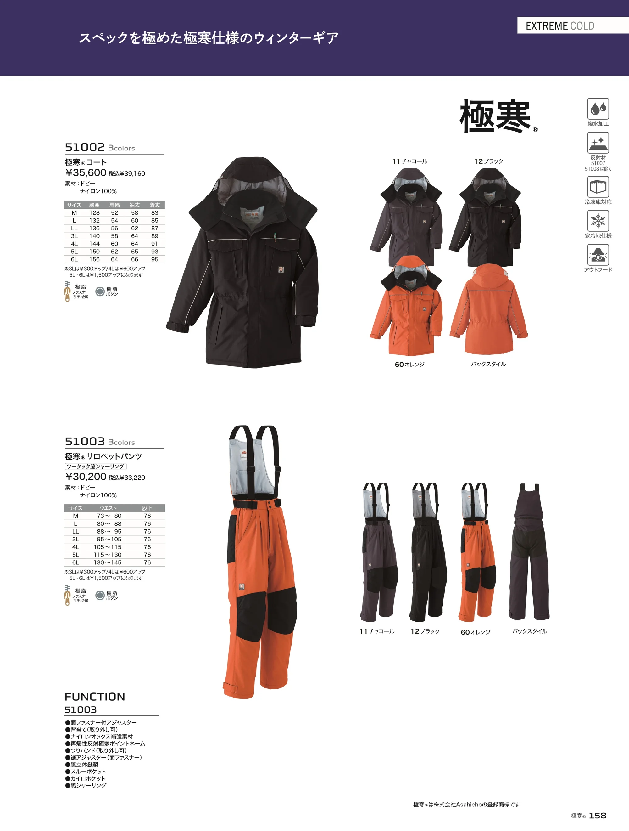 旭蝶繊維 51003 極寒 サロペットパンツ（ツータック・脇シャーリング） 関連情報 カタログ 158ページ