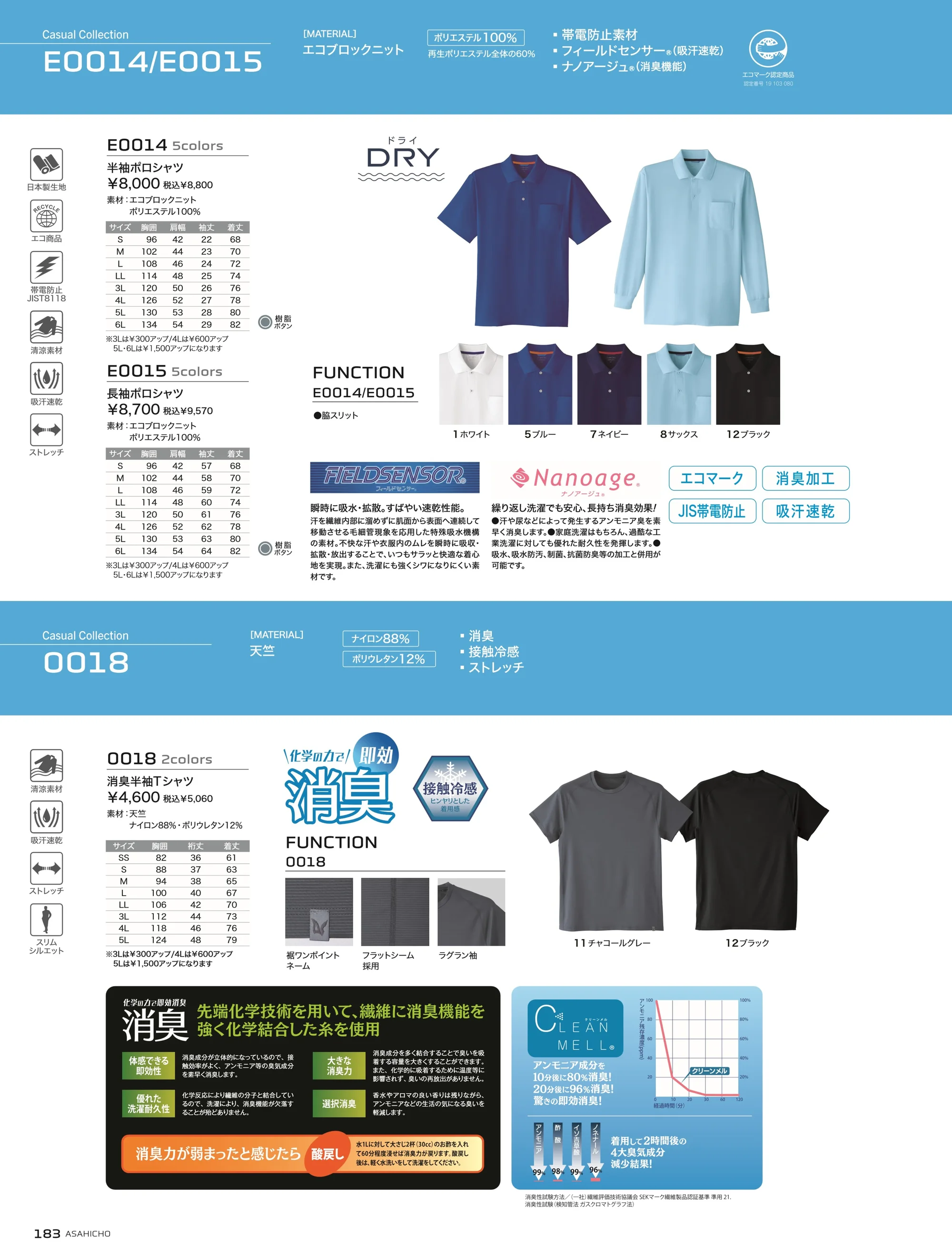 旭蝶繊維 0018 消臭半袖シャツ（CLEAN MELL） 関連情報 カタログ 183ページ