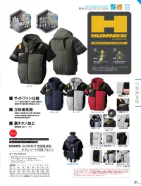 アタックベース 09905 HUMMER 空調風神服チタンフード半袖ブルゾン(ファン・バッテリー別売) UVカット＆チタン遮熱効果で-11.5℃！特徴・炎天下から守る裏チタン加工・両脇ポケット、右胸ポケットで収納力抜群・首裏を風が吹き抜ける立体風気路・保冷剤ポケット付きなので更に涼しく・背もたれに干渉しにくいサイドファン仕様・高所作業も安心なフルハーネス対応・左袖に便利な 関連情報 カタログ 91ページ