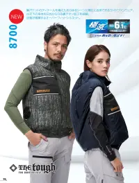 アタックベース 8700 The tough 空調風神服 チタンベスト(ファン・バッテリー別売) サイドファン＆涼風循環チタンベスト特徴・炎天下から守る裏チタン加工・背もたれに干渉しないサイドファン仕様・右胸ファスナーポケット付きで小物の収納に便利・保冷剤ポケット付きなので更に涼しく・首筋を吹き抜ける3D風気路※チタン加工の特性上、摩擦や洗濯に弱く、チタン脱落の恐れがございます。※この製品に漂白剤(塩素系、酸素系)は絶対に使用しないでください。※ご使用の際にはファン・バッテリーをお買い求めください。すぐに使えるスターターキットがおすすめです。仕様品番:8700品名:The tough 空調風神服 チタンベストカラー:02.ネイビー、03.ベージュ、07.グレー、14.Gウッド（14.Gウッドは数量限定カラーのためM～3Lのみとなります） 関連情報 カタログ 96ページ