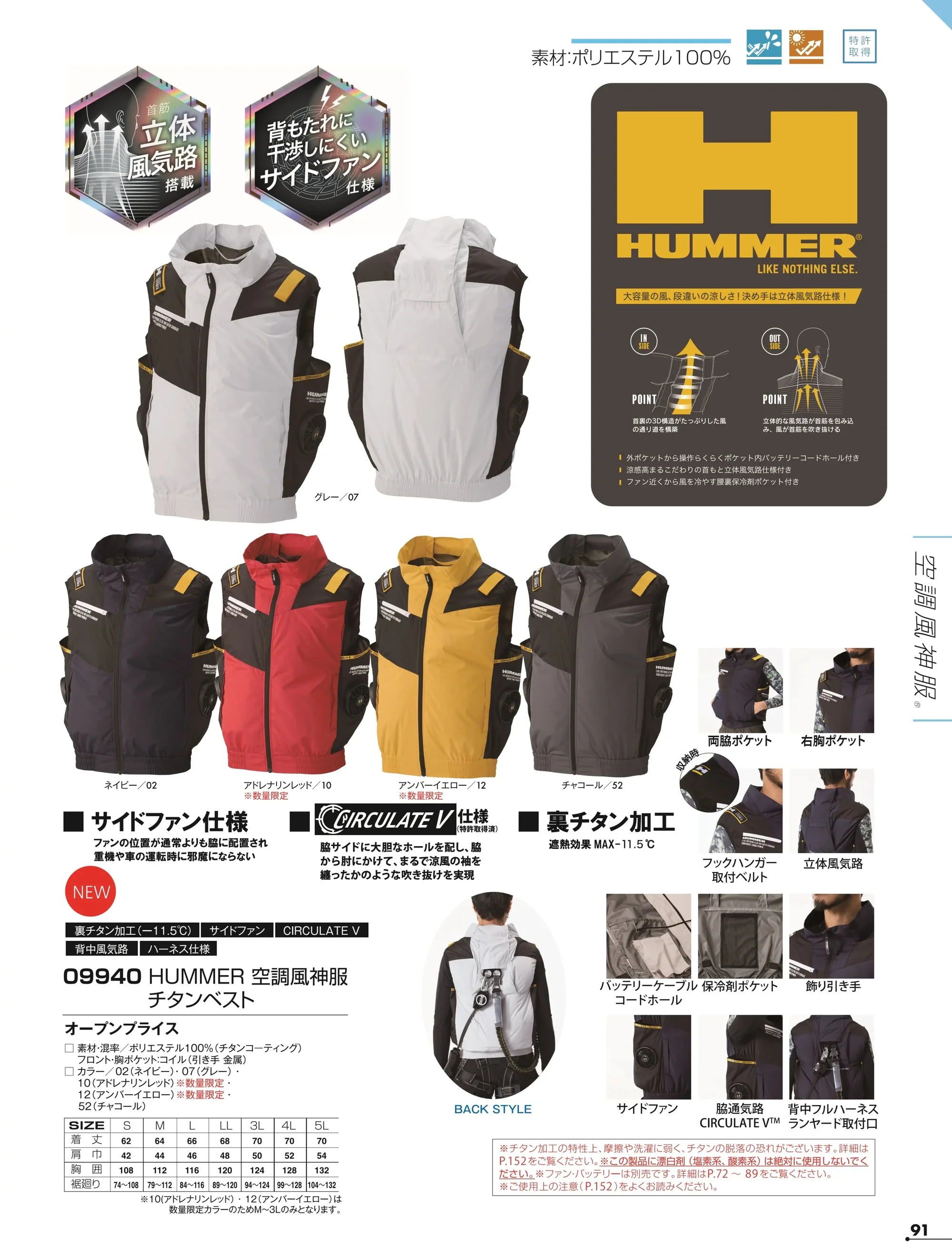 アタックベース 09940 HUMMER 空調風神服 チタンベスト（ファン・バッテリー別売） 関連情報 カタログ 91ページ