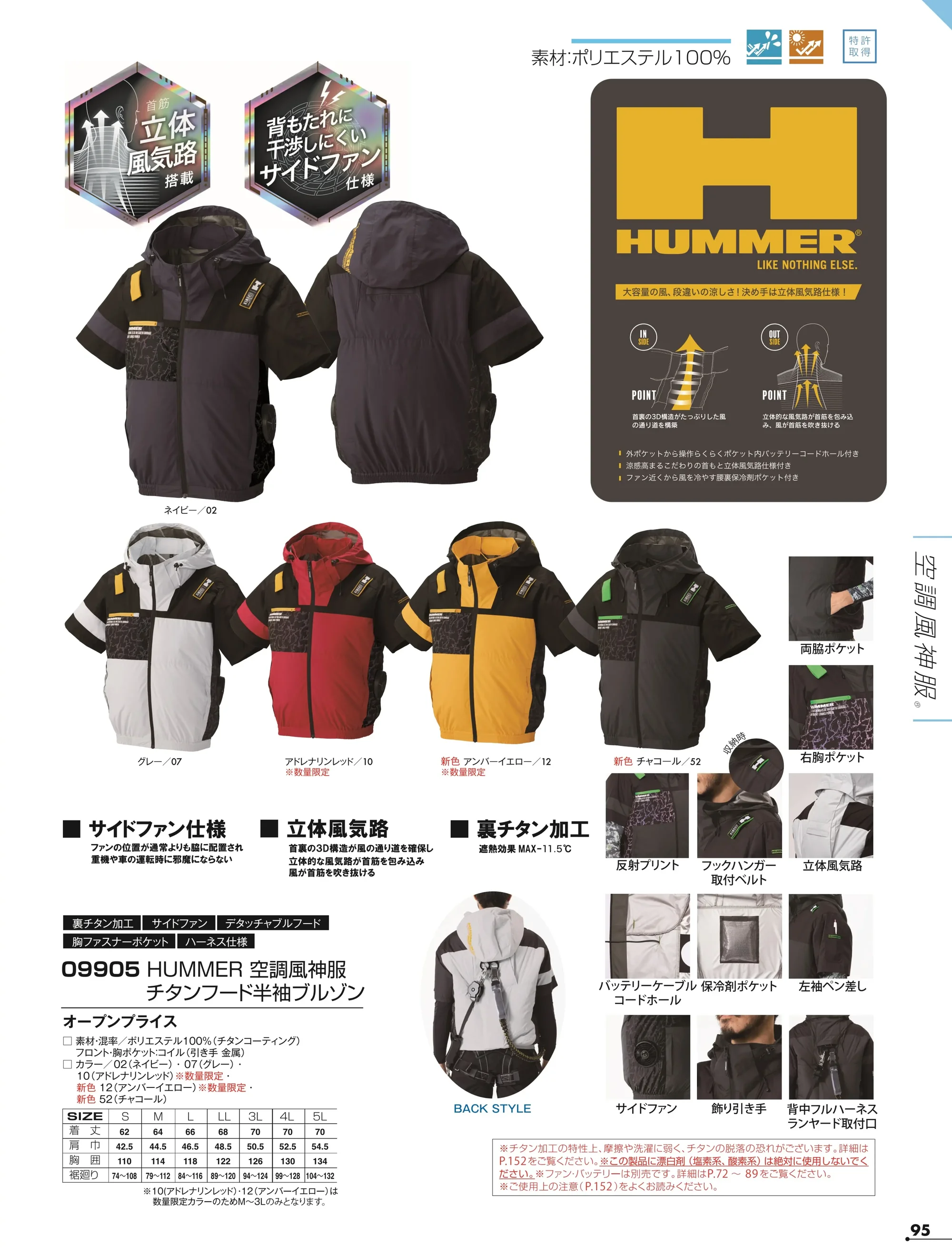アタックベース 09905 HUMMER 空調風神服チタンフード半袖ブルゾン(ファン・バッテリー別売) 関連情報 カタログ 95ページ