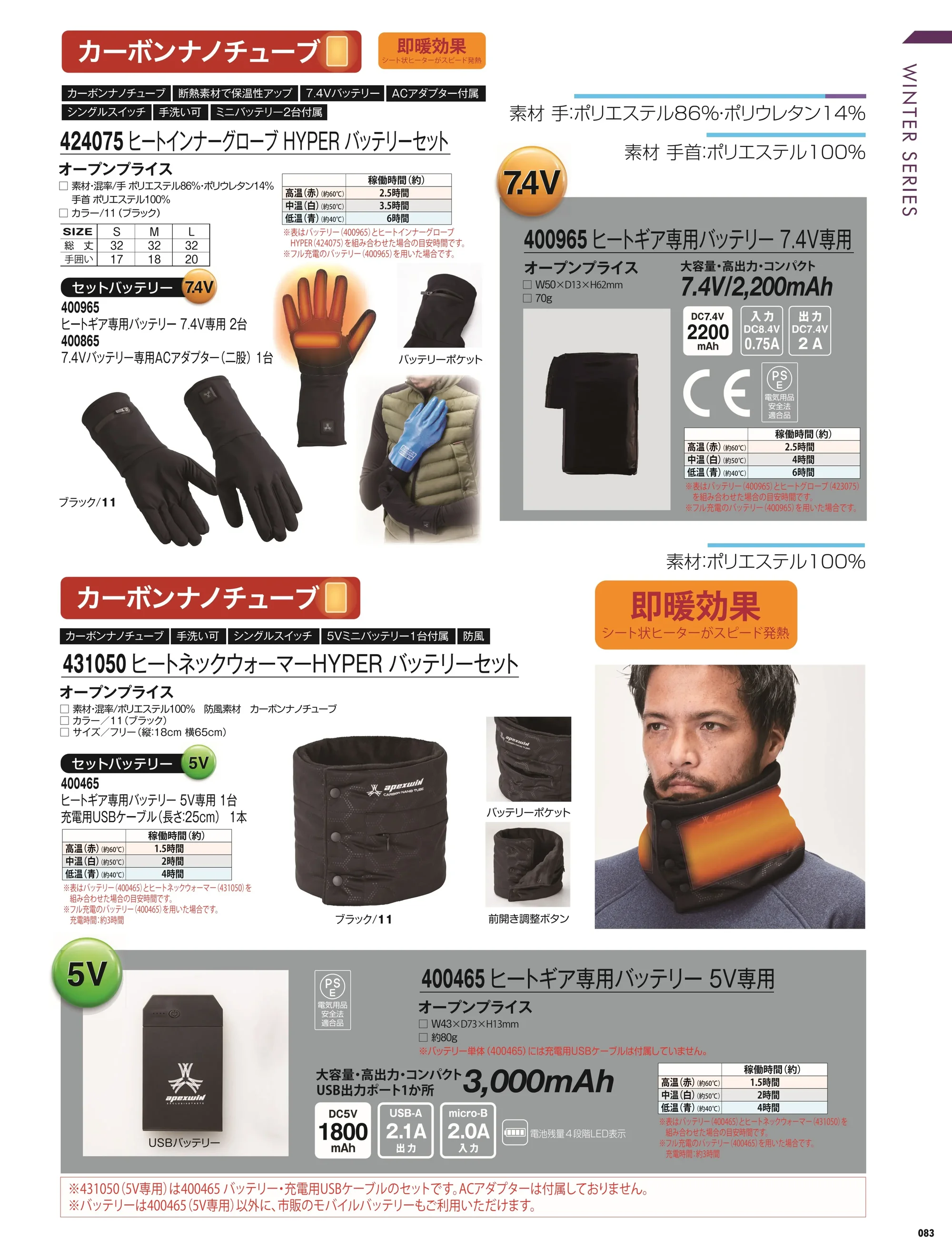 アタックベース 424075 ヒートインナーグローブHYPERバッテリーセット 関連情報 カタログ 83ページ