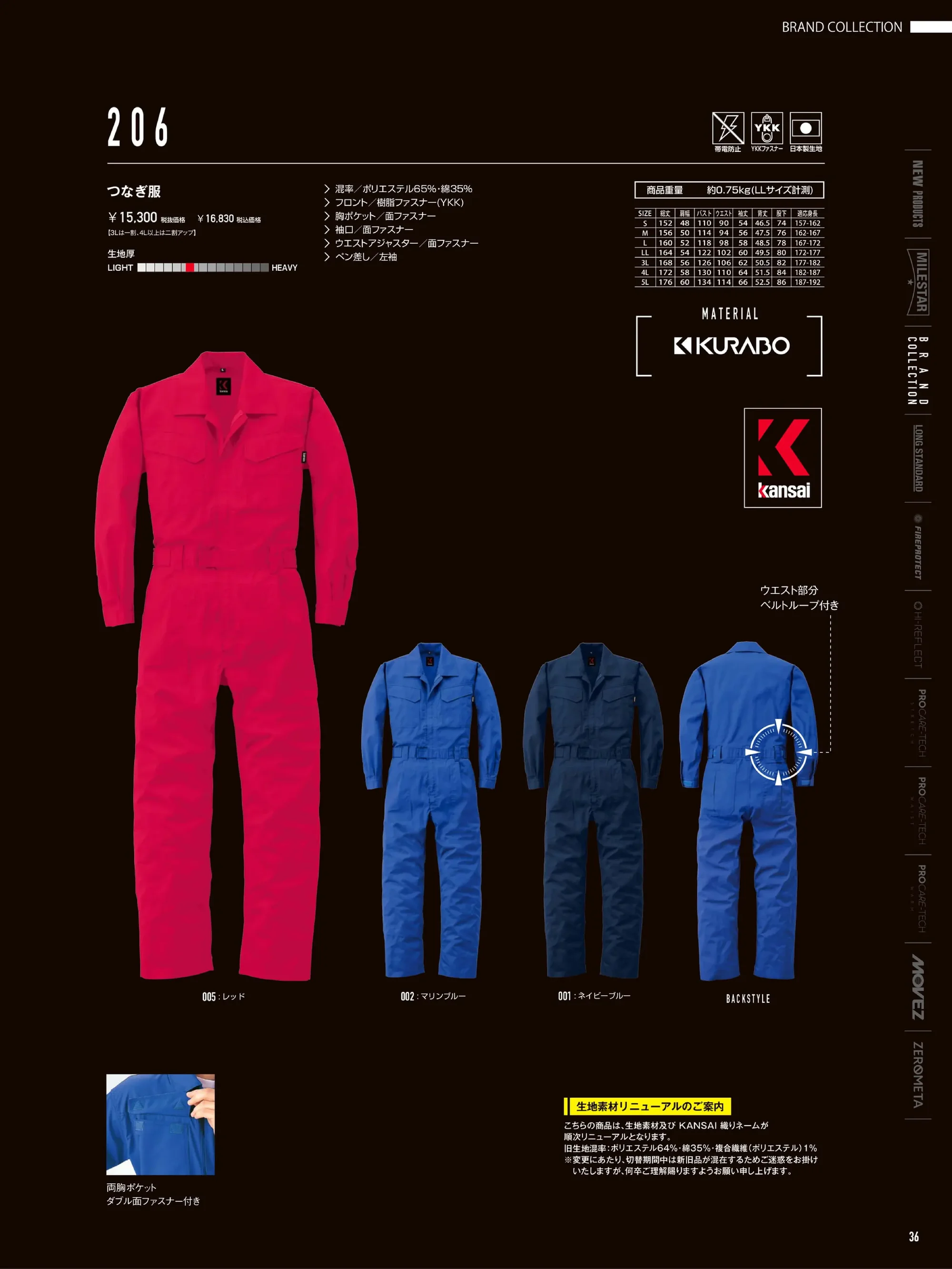 山田辰 KM-206 つなぎ服（206） 関連情報 カタログ 36ページ