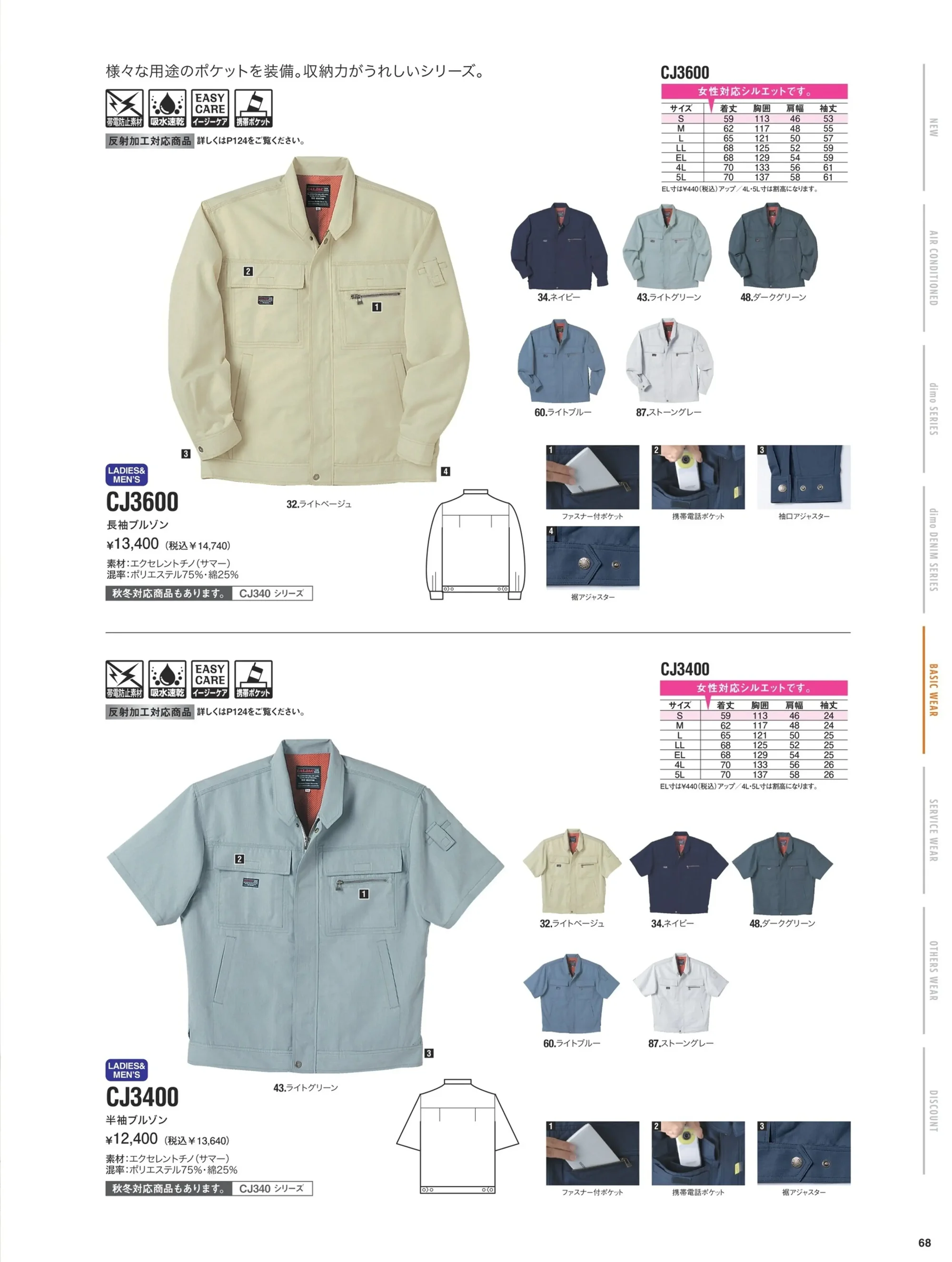 中塚被服 CJ3400 半袖ブルゾン（男女共用） 関連情報 カタログ 68ページ