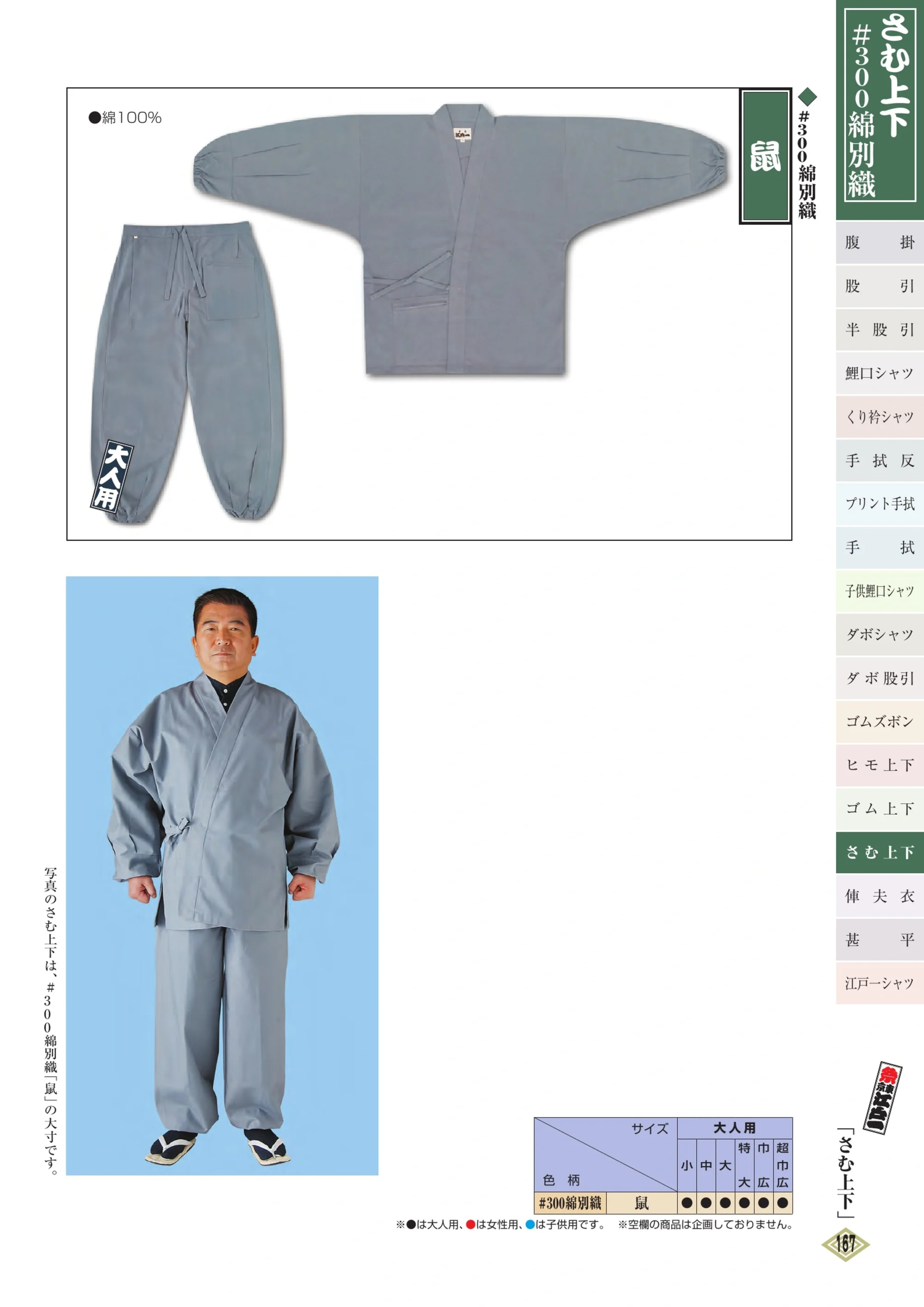 江戸一 JOUGE-15 さむ上下（＃300綿別織）（大人） 鼠 関連情報 カタログ 166ページ