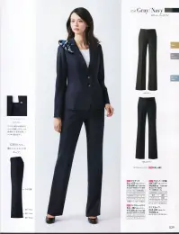 カーシー EAL-682 フレアストレートパンツ 美スラッとSuits PureS字ラインで着やせ！白いブラウスで清潔に！新しい”美スラッと”で、ピュアな魅力が花開く。1サイズスマートに見せるパネルテクニックと、クラフトワークの技術で描く花びらモチーフの女らしいデザイン。引き締まったウエストラインやヒップラインのかっこよさ、洗練されたスタイルが際立つ清潔な美しさ、いつも軽やかに動ける着心地のよさ。そのすべてが、働く女性の毎日をピュアに彩ります。動きやすさとスマート効果がひとつに。美脚効果を引き立てる、ストレートパンツ。ウエスト部分の持ち出し:ウエスト部分は持ち出しベルト仕様。ジャケットの前端のすき間も美しくスッキリ見せます。こだわりの素材を活かした充実機能。緻密な仕立て、上質な着心地が体感できます。知的な魅力を引き出す、繊細な色と柄。痩せて見えるパーズアイを追求し、ミックス感を持ちながらも、繊細ですっきりとした織り柄とカラーが特徴。高品質素材「トレヴィラ」の糸と組み合わせることで、柔らかで女性らしい質感を実現しました。ナチュラルなストレッチ感、お手入れの手軽さもうれしいENJOYオリジナル素材です。※23号は受注生産になります。※受注生産品につきましては、ご注文後のキャンセル、返品及び他の商品との交換、色・サイズ交換が出来ませんのでご注意ください。※受注生産品のお支払い方法は、先振込（代金引換以外）にて承り、ご入金確認後の手配となります。 関連情報 カタログ 29ページ