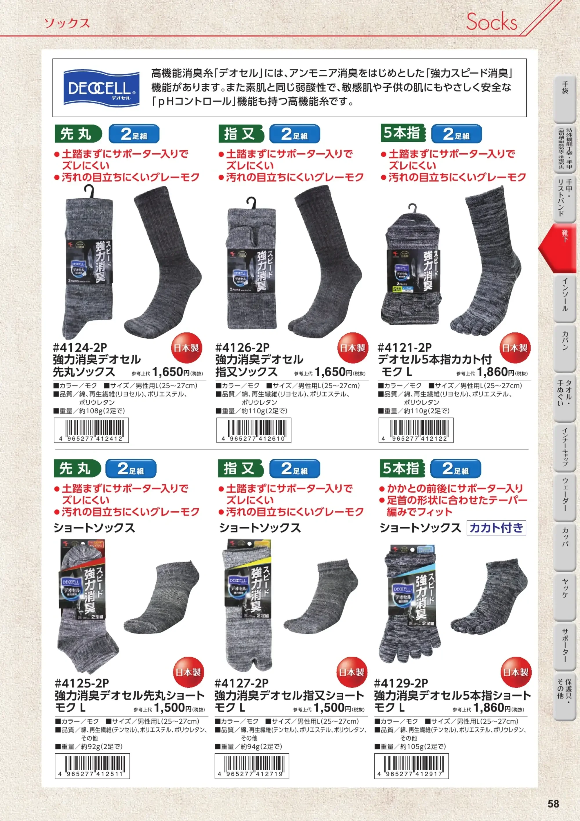福徳産業 4129-2P 強力消臭デオセル 5本指ショート（2足組） 関連情報 カタログ 58ページ
