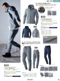 村上被服 822 ジップスウェットパーカー オンオフでも使いやすいカジュアルスタイルスウェットパーカーストレッチ性が高くソフトでカジュアルなスウェット素材。風を防ぐジップ形式のハイネックタイプ。 関連情報 カタログ 127ページ