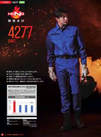 村上被服 4277 難燃薄手シャツ HONO難燃加工綿100％で作られた、耐炎・耐熱・制電性に優れた素材を使用。・接炎しても燃え上がることなく炭化します。・やわらかく肌触りの良い素材です。・洗濯しても難燃性能は低下しません。・制電性を備え肌にまとわりつかない着心地です。・素材だけでなく、機能的にも防炎性を高めています。【各種性能基準をクリアしています】耐炎:耐炎制試験 ISO15025 A法耐熱:耐熱性試験（JIS T 8023:2006）帯電防止:摩擦帯電電荷量測定法（JIS L 1094）引張・引裂強さ:ラベルドストリップ法（JIS L 1096 A法） シングルタング法（JIS L 1096 A-1法）※第三者機関で試験実施 関連情報 カタログ 18ページ