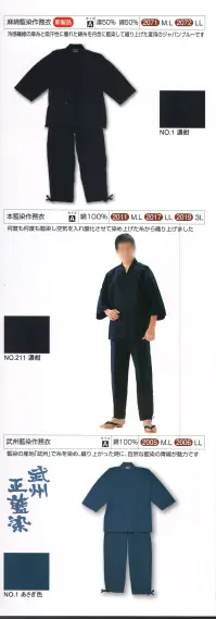 伊田繊維 2071 綿麻藍染作務衣(M・L) 冷感繊維の麻糸と吸汗性に優れた綿糸を丹念に藍染して織り上げた夏用のジャパンブルーです。夏も藍染を着たい方に。麻50％の涼しくて軽い藍染作務衣。「麻50％×綿50％」という贅沢な組み合わせで、麻のシャリ感と接触冷感に木綿の優しい肌触りと吸水性を全て合わせ持った生地ができました。日本の蒸し暑い夏を快適に過ごす素材です。麻綿の糸を昔ながらの綛（かせ）染めによって一本一本丁寧に藍染めをしていき、地下水によるすすぎと天日による乾燥を通して、糸が芯から染め上がり、それぞれの糸に表情が出ます。藍染した糸を速度の遅いゆっくりとした「シャトル織機」で丁寧に時間をかけて織り上げていくことで、昔ながらの優しい風合いの織物に仕上がりました。藍染ですので色は落ちますが、さめるほどに美しい色合いになっていきます。藍染好きな方に待望の夏に最適な、涼しくて軽くて柔らかい、着やすい藍染作務衣です。※この商品はご注文後のキャンセル、返品及び交換は出来ませんのでご注意下さい。※なお、この商品のお支払方法は、先振込（代金引換以外）にて承り、ご入金確認後の手配となります。 関連情報 カタログ 6ページ