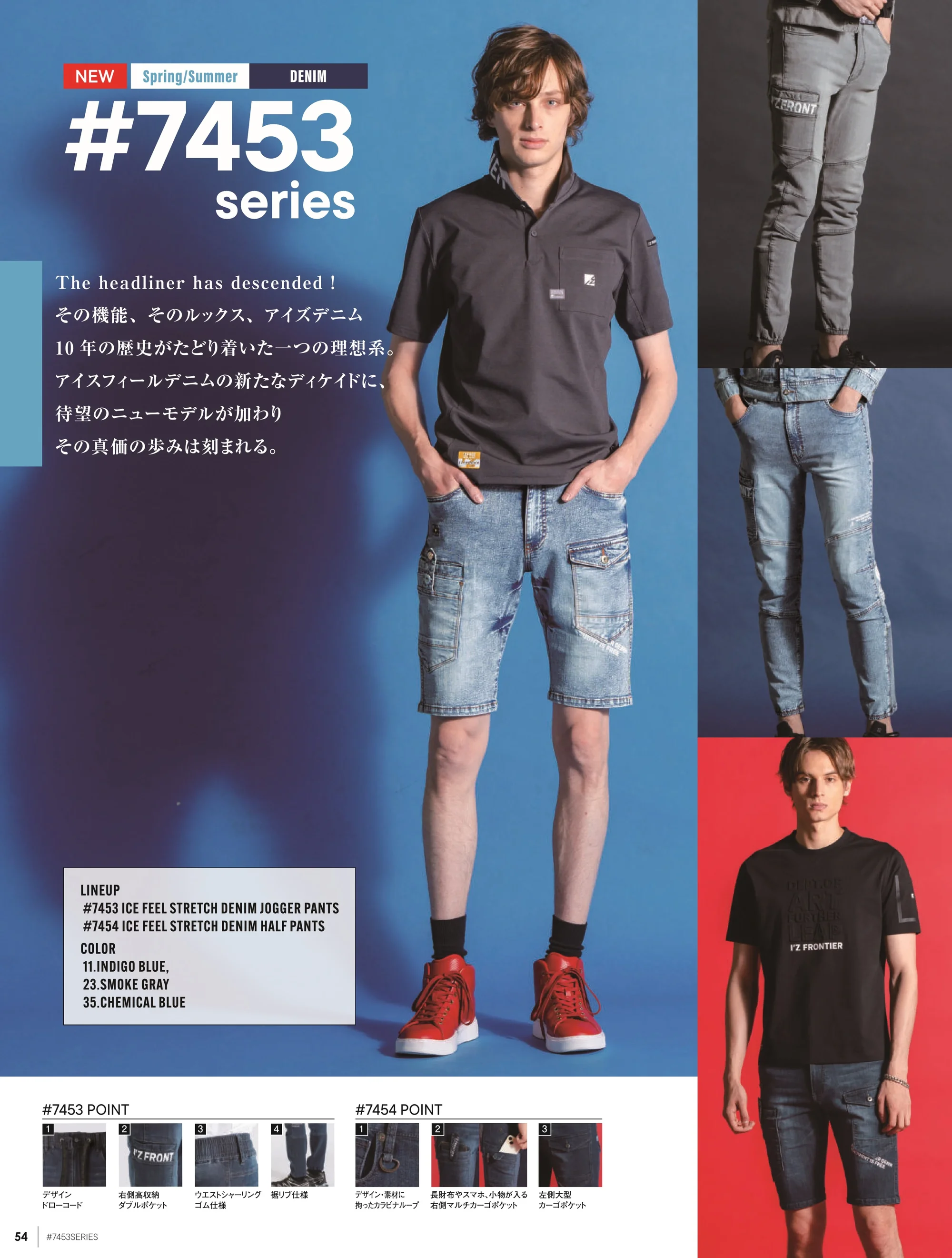 アイズフロンティア 7454 接触冷感ストレッチデニムハーフパンツ 関連情報 カタログ 54ページ