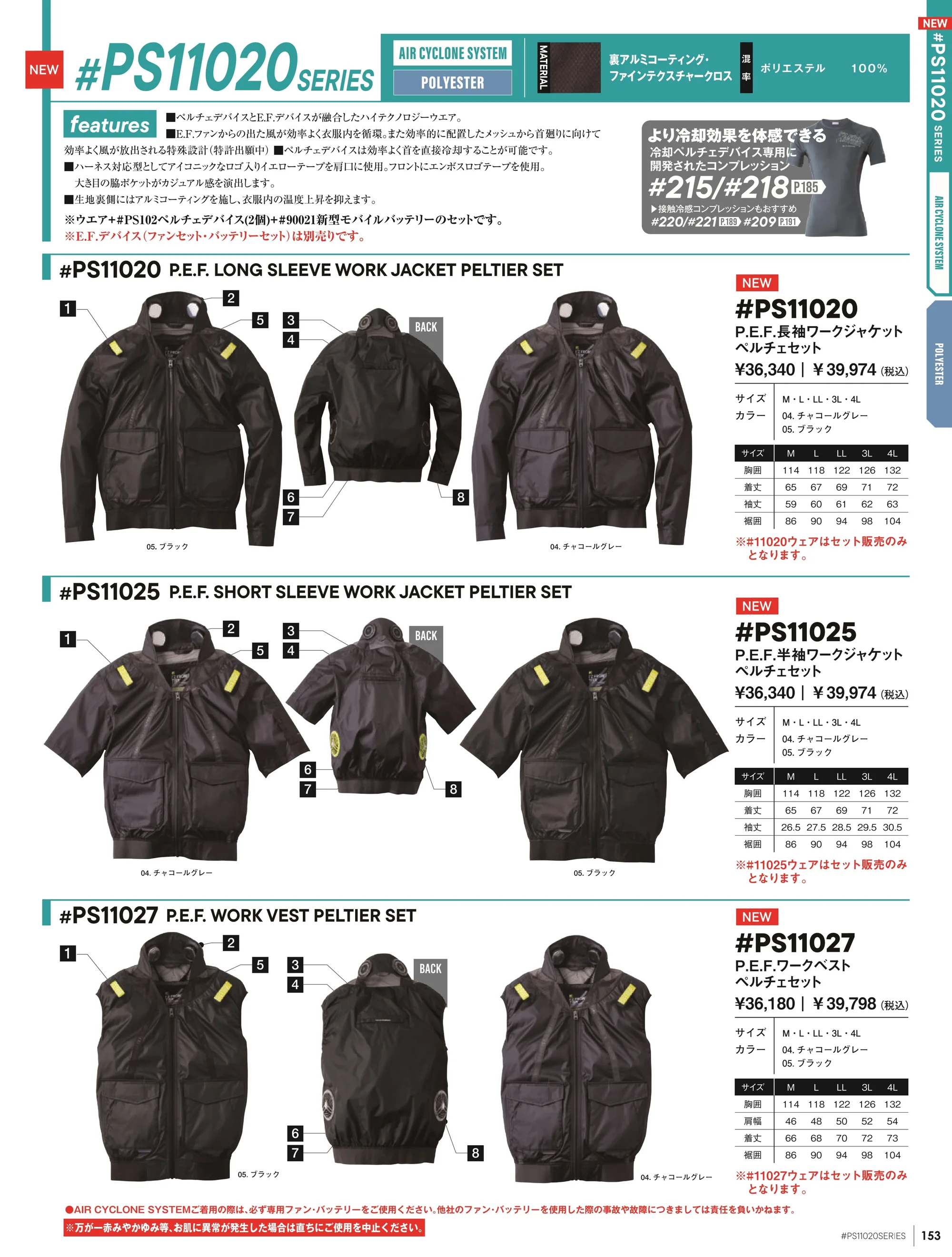 アイズフロンティア PS11020 P.E.F.長袖ワークジャケットペルチェセット（ファン・バッテリー別売） 関連情報 カタログ 153ページ
