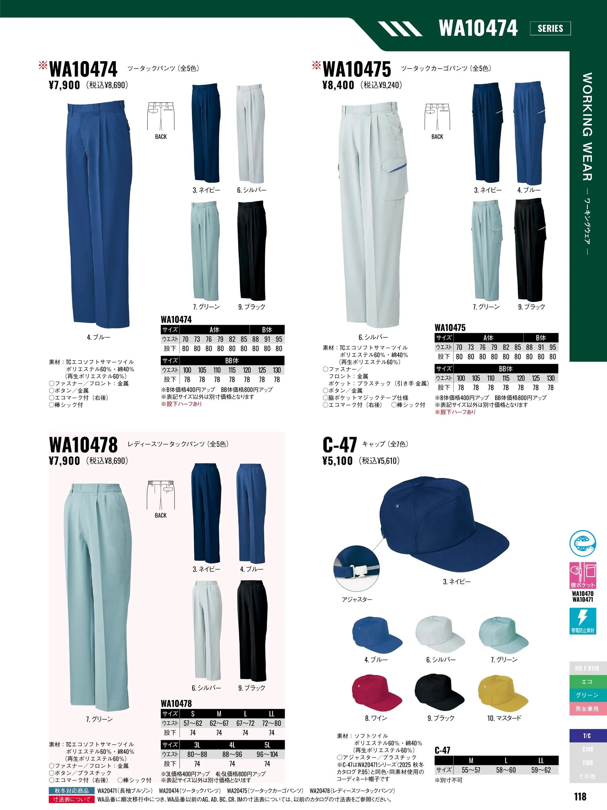 サンエス WA10478 レディースツータックパンツ 関連情報 カタログ 118ページ