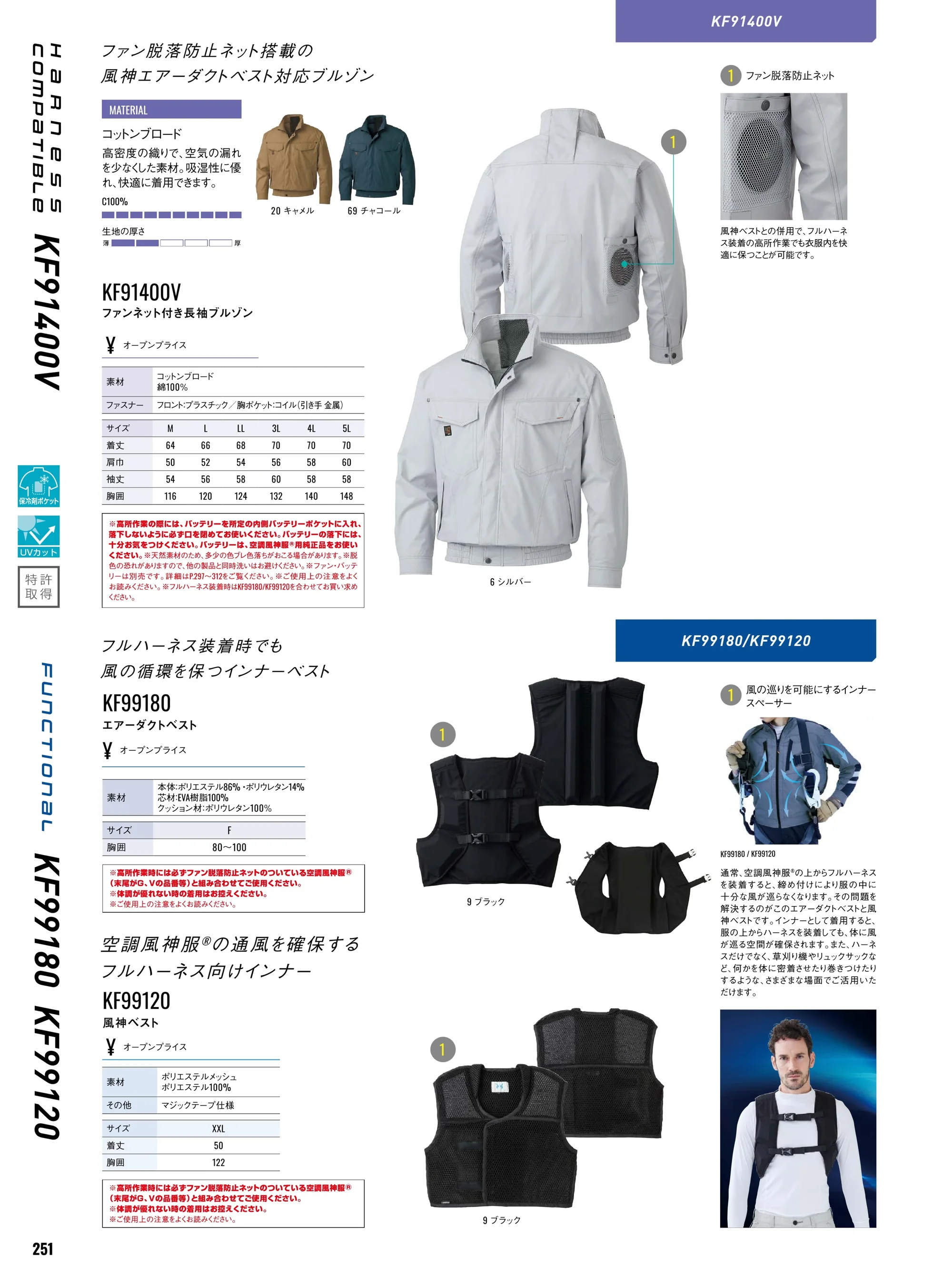 FZN 空調風神服 KF91400V ファンネット付き長袖ブルゾン（空調風神服）（ファン・バッテリー別売）  関連情報 カタログ 251ページ