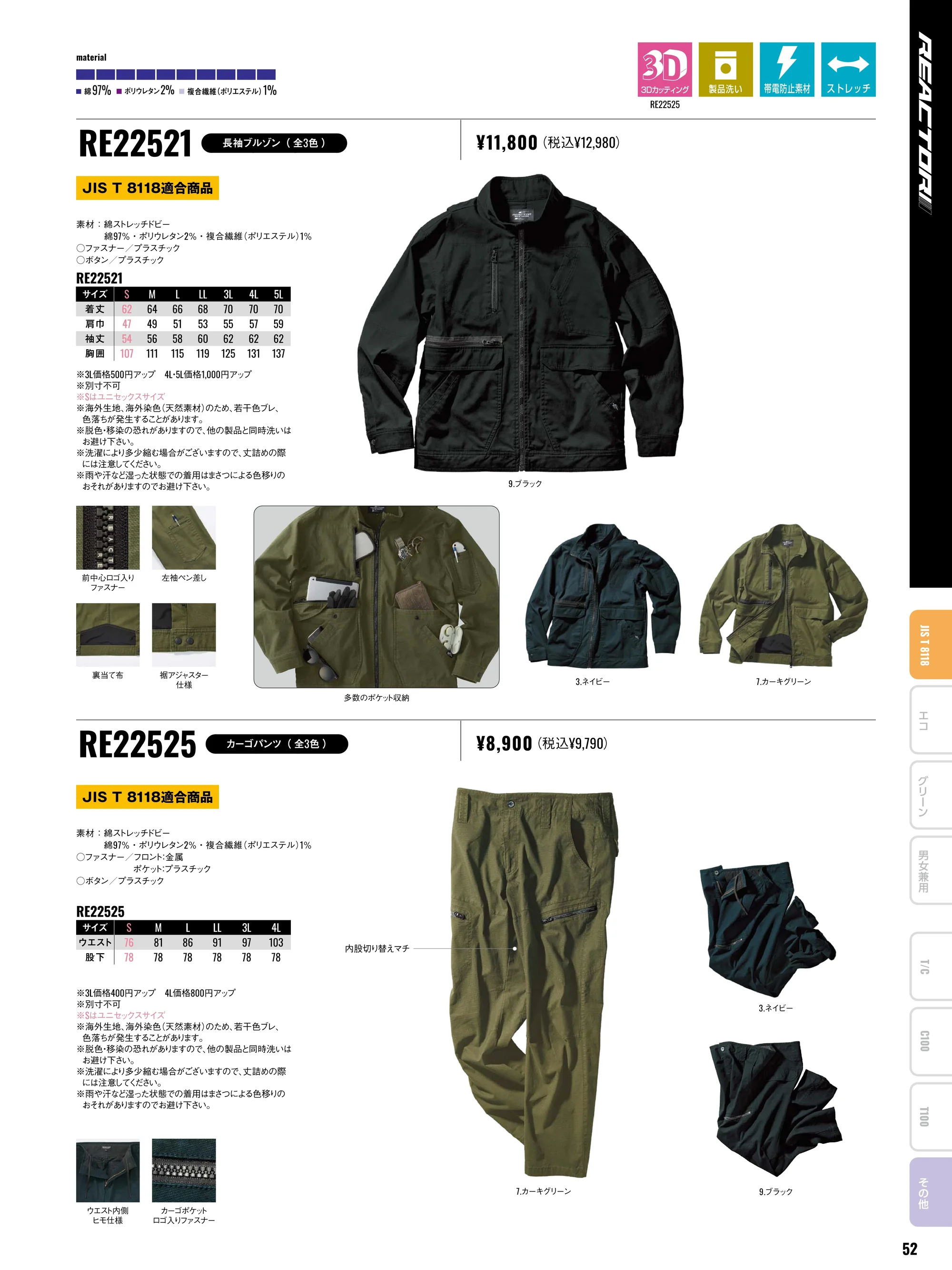 サンエス RE22525 カーゴパンツ 関連情報 カタログ 52ページ