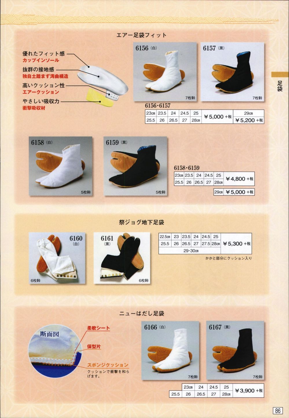 日本の歳時記 6159 エアー足袋フィット（5枚鞐） 優れたフィット感（カップインソール） 抜群の接地感（独自土踏まず湾曲構造） 高いクッション性（エアークッション） やさしい吸収力（衝撃吸収剤） 関連情報