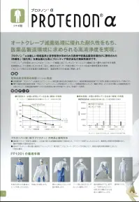 東洋リントフリー FP1203 ツナギ服 PROTENON® 旧品番:FP181C■形状特長・衿部ステンレスホック衿元合わせ部分には、ステンレス製のホックを採用。・二重袖口袖口は二重構造で老漏洩発塵を防止。・レーザー裁断衣服のパーツをレーザー裁断機でカットし、生地断面の羽毛立ちを防止。●プロテノン®αは厳しい環境基準と清浄管理が求められる医療や医薬品製造現場向けに開発された「防塵性」「耐久性」を兼ね備えた帝人フロンティア会社の機能性素材です。プロテノン®αを使用したウェアはオートクレープ細菌に対してレギュラーポリエステル繊維に比べ優れた耐久性を発揮、長期間安心してご使用いただけます。また、構成するポリマーの約3割にバイオマス由来の植物性原料を使用、これによって新たな化石資源の消費を抑え、温室効果ガスの低減に貢献します。●医薬品製造現場の無菌ゾーンに最適・低発塵効果:プロテノン®αを使用したクリーンルーム用衣服は素材自体の発塵が少なく、無菌医薬品製造現場でのご使用に最適な衣服設計を行った製品です。・優れた織物引き裂き強度を実現:プロテノン®αクリーンルーム用衣服はオートクレーブ減菌処理後もレギュラー繊維（原糸）よりも加水分解による繊維強化劣化が起こりにくく、医薬品製造環境として十分な経済性と耐久性を備えています。 関連情報 カタログ 51ページ