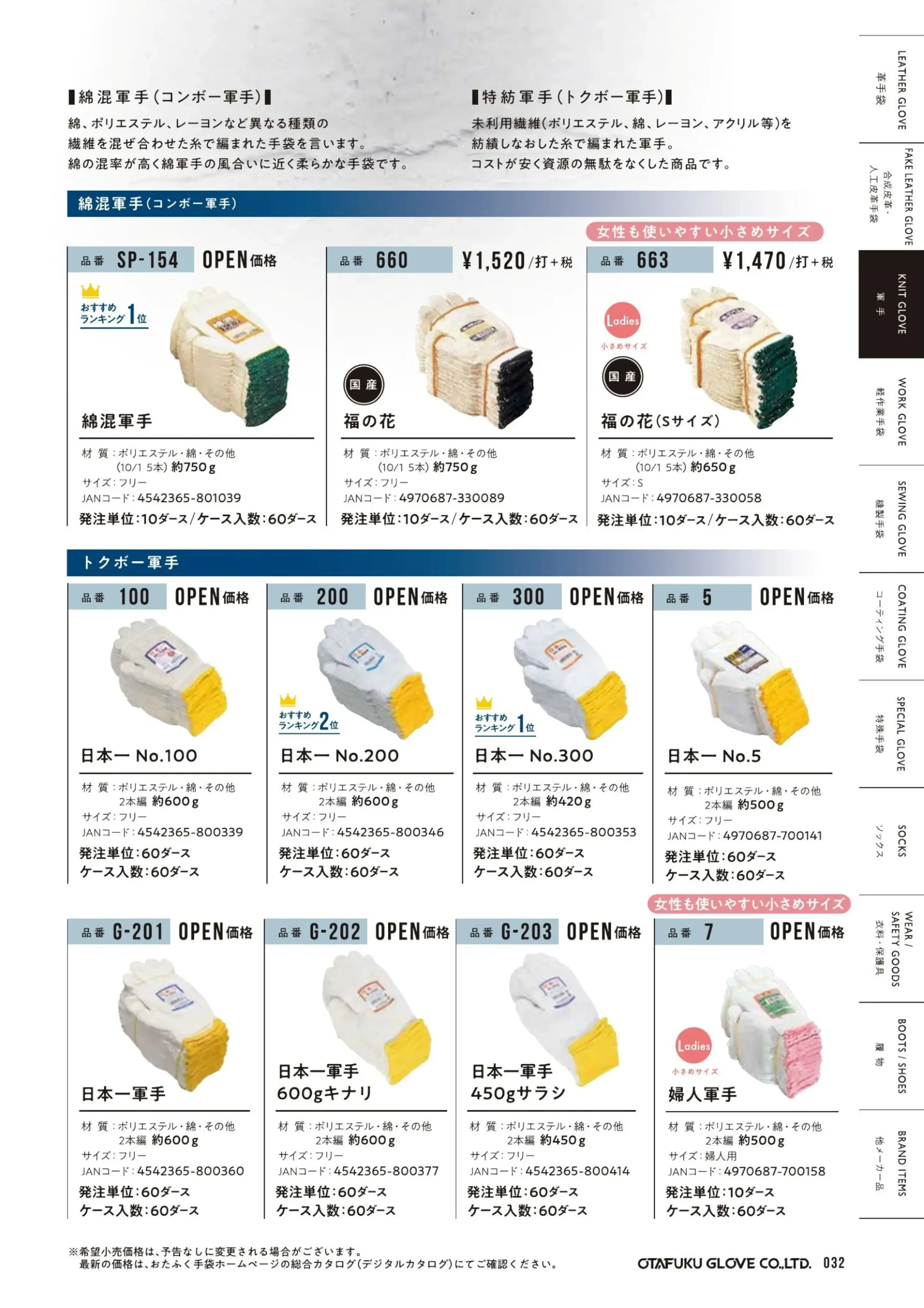 おたふく手袋 SP-154 綿混軍手（10ダース入） 関連情報 カタログ 32ページ