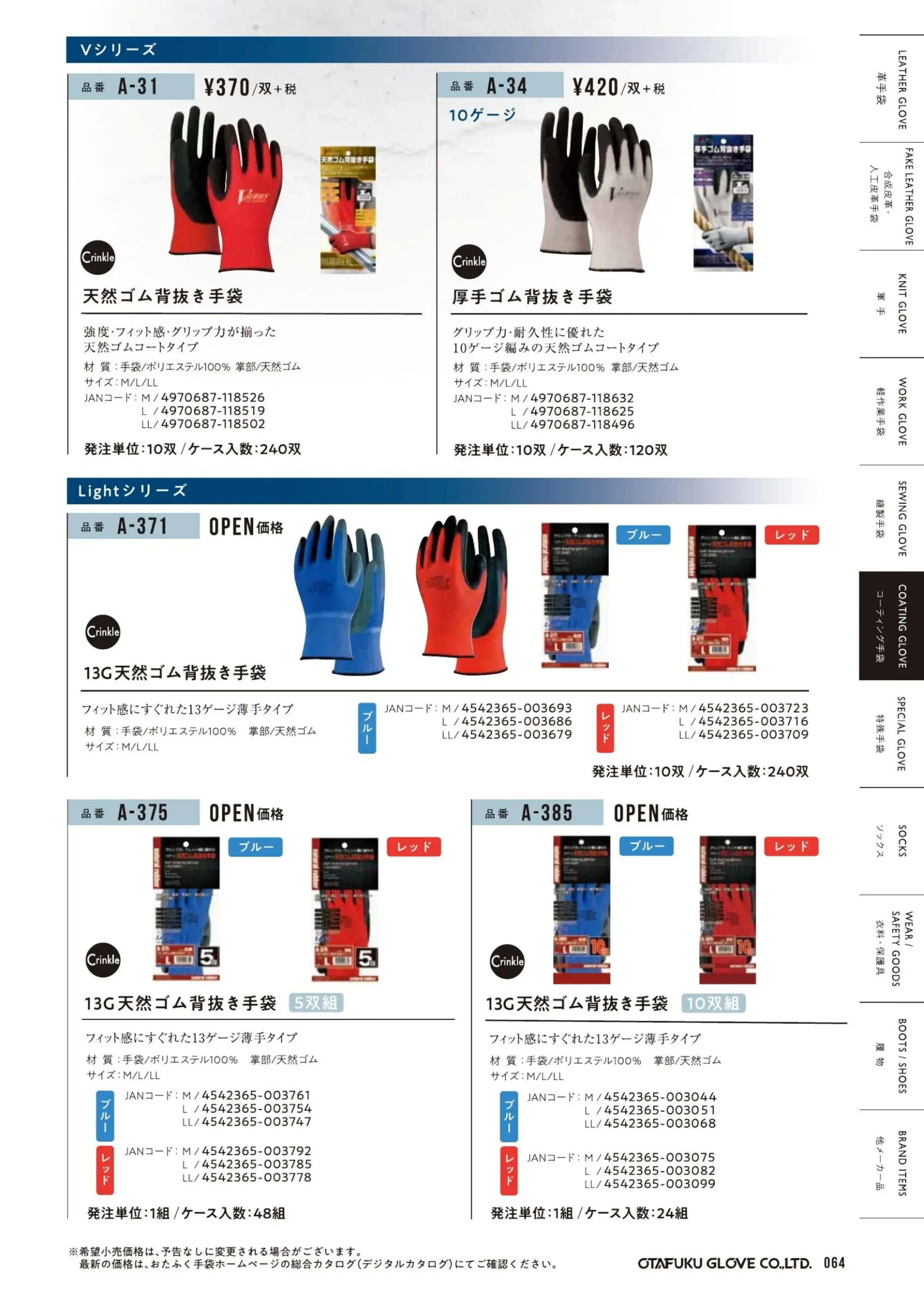おたふく手袋 A-385 13G天然ゴム背抜き手袋（10双入） 関連情報 カタログ 64ページ