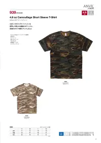 American Style 939 4.9オンス カモフラージュTシャツ 4.9オンスのリングスパンコットンを使用したら滑らかな肌触りのTシャツに、定番のカモフラ柄をプリントしました。ANVIL® BY GILDAN®（ギルダン）アンダーウェア/ワークウェアメーカーとして始まったアンビル社の歴史は19世紀にまで遡ります。その後1976年からはTシャツの製造をスタートさせ、シンプルな無地のデザイン、丈夫なボディ、豊富なカラー展開で、Tシャツを「下着」から「ファッションウェア」に発展させたブランドとして成長を遂げました。鍛造や板金作業を行う際に使用する鋼鉄製の台という意味を持つアンビルは、頑固さを指す象徴的な意味合いも併せ持ち、頑固なクラフトマンシップに支えられたウェアを生み出すブランドとして今なお進化を続けています。※この商品はご注文後のキャンセル、返品及び交換は出来ませんのでご注意下さい。※なお、この商品のお支払方法は、先振込（代金引換以外）にて承り、ご入金確認後の手配となります。 関連情報 カタログ 47ページ