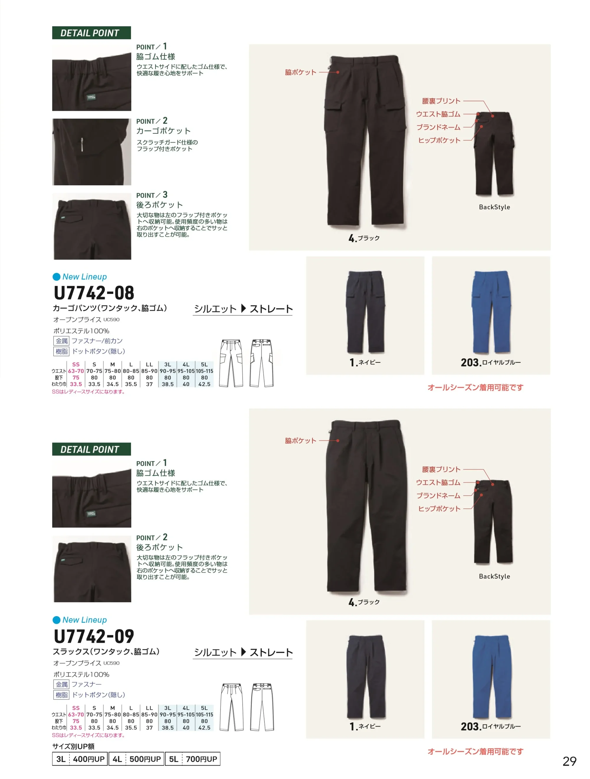 桑和 U7742-08 カーゴパンツ（ワンタック、脇ゴム） 関連情報 カタログ 29ページ