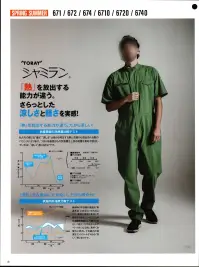 日の丸 6740 続服 シャミラン『熱』を放出する能力が違う。さらっとした涼しさと軽さを実感。衣服表面の放熱量比較テスト私たちの感じる、暑さ、涼しさ、は体から発生する熱と衣服から放出される熱のバランスによります。つまり体表面からの放熱量を上回る熱量を素材が放出していれば、涼しく感じるわけです。衣服内外湿度比較テスト梅雨時の不快感の原因が高温多湿にあるといわれるように、過度な湿気はまさに不愉快そのもの。シャミランは体温調節機能として避けられない「発汗」が不快なムレやベトつきになる前に素早く衣服外に排出して衣服内の湿度をコントロールるすから涼しく感じるのです。ライトな着心地で通気性抜群なツナギ。湿気を衣服内にためず、熱を放出する国内素材(シャミラン)を使用。肌触りはシャキッとしたシャリ感があり、通気性が良く放熱量が多いため涼しく感じます。 関連情報 カタログ 18ページ