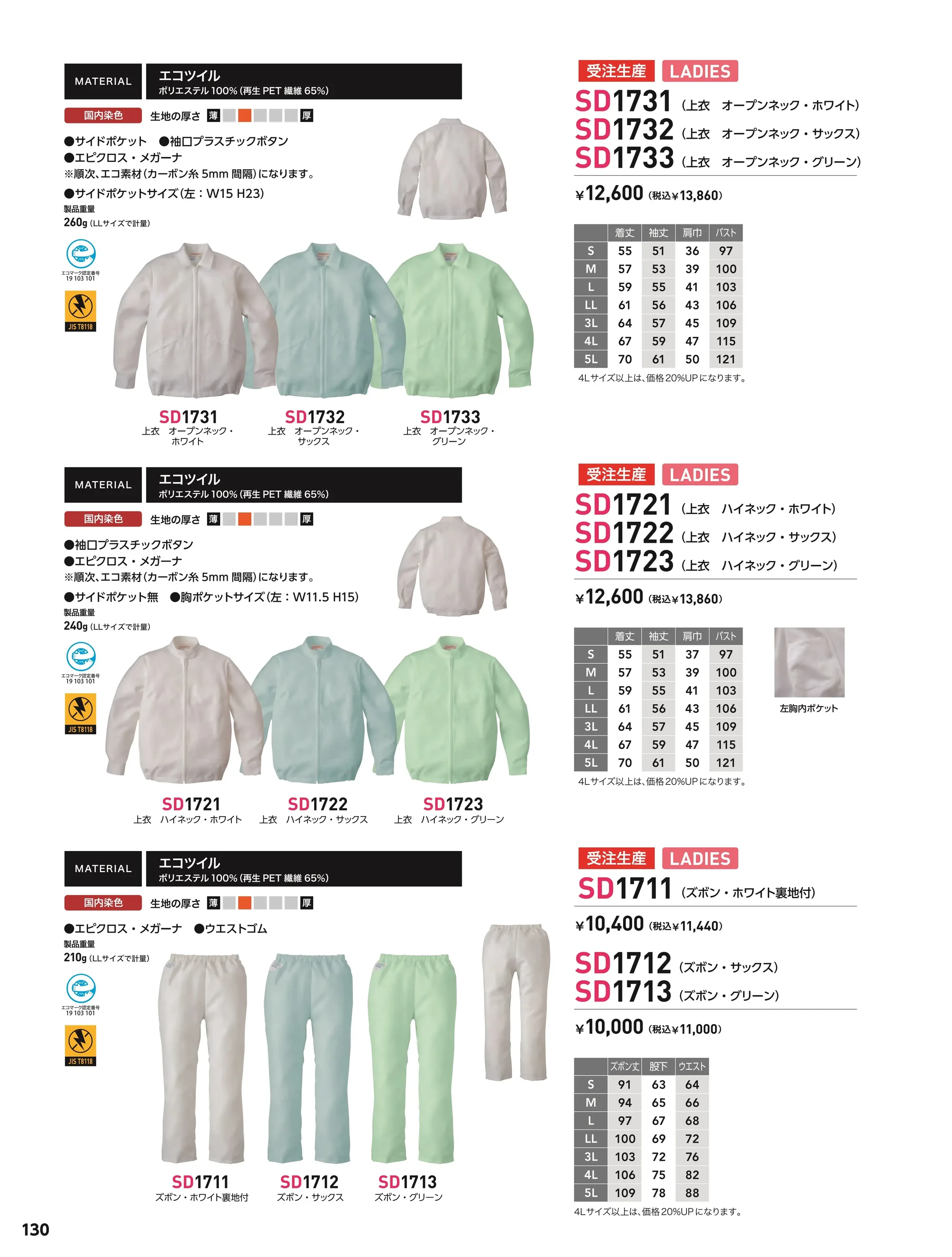 ソルディ（日の丸） 1732 上衣（オープンネック）（SD1732） 関連情報 カタログ 130ページ