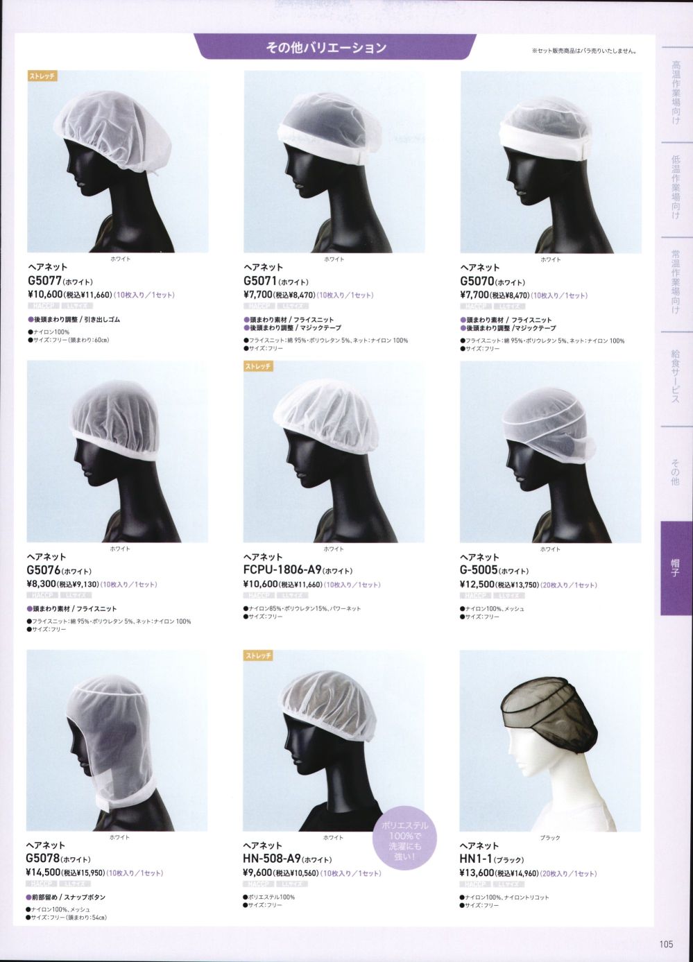 ユニフォーム1.COM 食品白衣jp 食品工場用 サーヴォ SERVO フードファクトリー 2022 キャップ・帽子 サーヴォ  ヘアーネット（10枚入り） G-5078