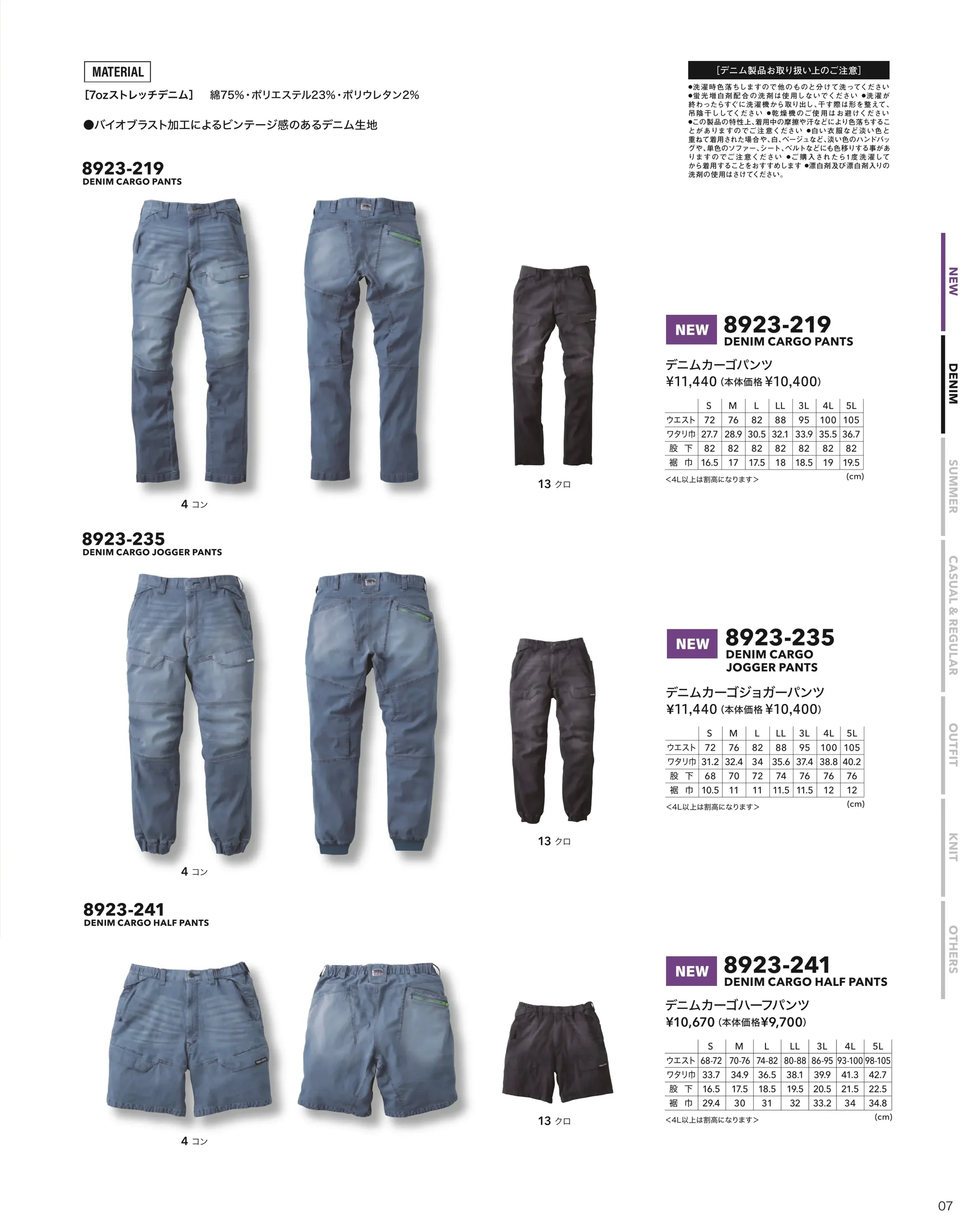 寅壱 8923-219 デニムカーゴパンツ 関連情報 カタログ 7ページ