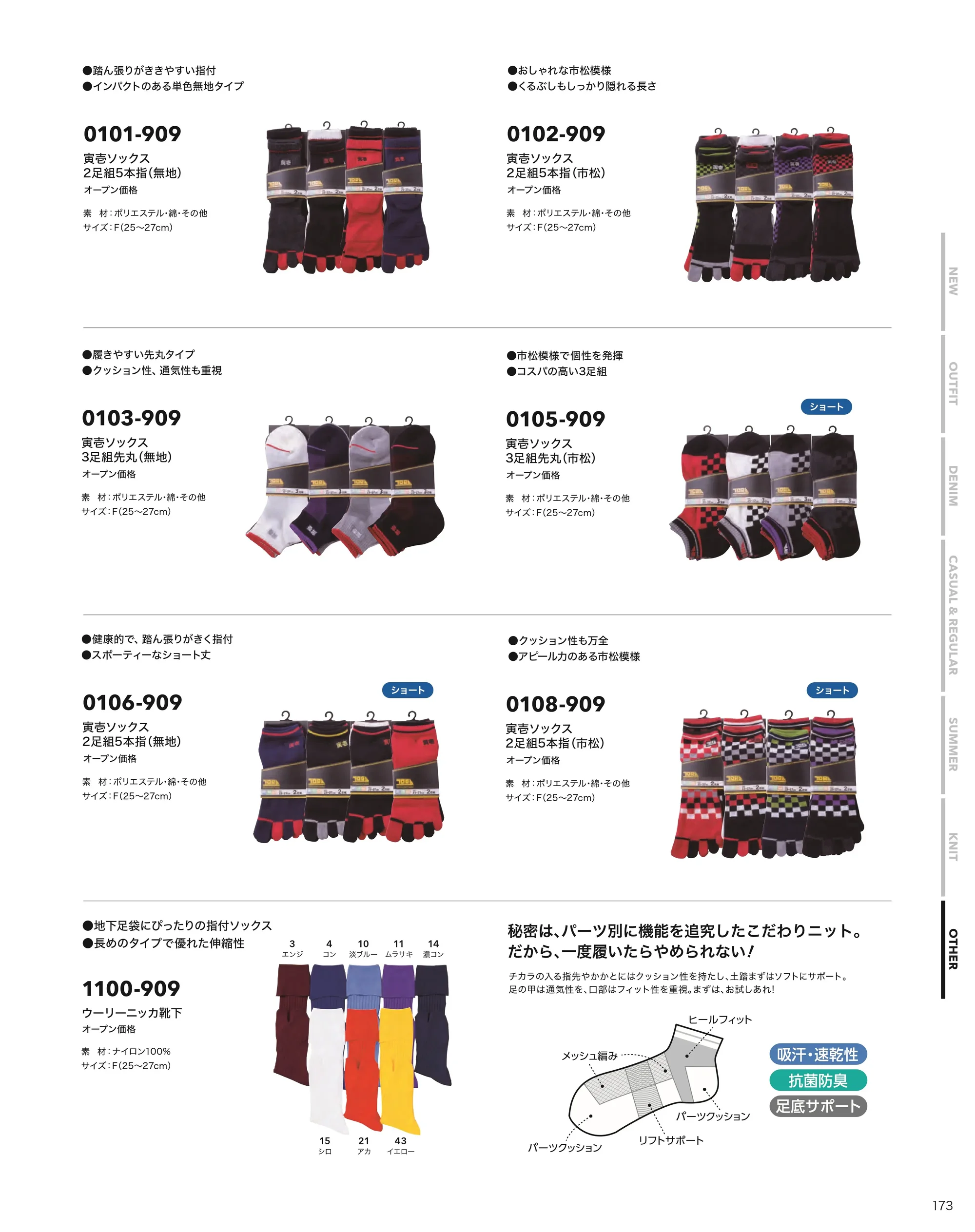 寅壱 0120-909 グリップソックス 二足組5本指（ロゴ）×4セット 関連情報 カタログ 173ページ