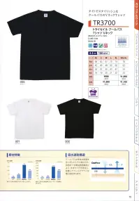 広洋物産 TR3700-W トライセイル クールパスTシャツ Vネック（ホワイト/100枚入） タイトでスタイリッシュなクールパスのVネックTシャツ。●クールパスとは？ 従来の素材に比べさらに高いパフォーマンスを持った高機能素材です。独自の十字異型断面構造により、すばやく汗を吸収・拡散することにより、いつまでもクールでドライな着心地を保ちます。吸水速度や遮蔽率の高さは当然のこと、ストレッチ性や強度等も驚くほど高い検査結果を出しています。 ●クールパスは、特殊な断面も持つポリエステル素材です。独自の十字異形断面構造により、素早く汗を吸収し、拡散してクールでドライな着心地を保ちます。※他のお色は、「TR3700」に掲載しております。※100枚入りです。※この商品はご注文後のキャンセル、返品及び交換は出来ませんのでご注意下さい。※なお、この商品のお支払方法は、先振込（代金引換以外）にて承り、ご入金確認後の手配となります。 関連情報 カタログ 10ページ