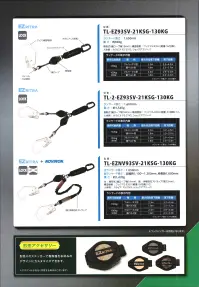 藤井電工 TL-2-EZ93SV-21KSG EZRITRA（ツインイージーリトラ）130KG対応型標準仕様 TL-2-EZ93SV-21KSG-130KG イージーリトラEasy:扱いやすい、小さく装着が楽Zero:墜落災害ゼロ、ストレスゼロ◎ランヤード長さ1650mmあともう少し長ければ･･という声に応えるランヤード長さランヤード長さが兼用型最長クラスとなっており、最大の作業範囲を確保することが可能。◎ショックアブソーバ小型軽量化・約30％小型化・約40％軽量化安全性を追求した設計の上、従来のショックアブソーバより小型・軽量化。また、カバーをナイロン製に変更。耐久性がアップし破れにくくなりました。◎使用可能質量130kg着用者の体重および装備品の質量の合計が130kgまで使用が可能。◎フルハーネス/胴ベルト兼用型兼用型のためフルハーネスだけでなく胴ベルト用としても使用可能。◎ロック機構付き常時巻取式引き出したストラップには常に巻取力がかかり短く保たれるので、作業の邪魔になりません。万一の墜落時にはロック機構がはたらき、落下距離を最短に抑えます。※この商品は受注生産になります。※受注生産品につきましては、ご注文後のキャンセル、返品及び他の商品との交換、色・サイズ交換が出来ませんのでご注意ください。※受注生産品のお支払い方法は、先振込（代金引換以外）にて承り、ご入金確認後の手配となります。 関連情報 カタログ 198ページ