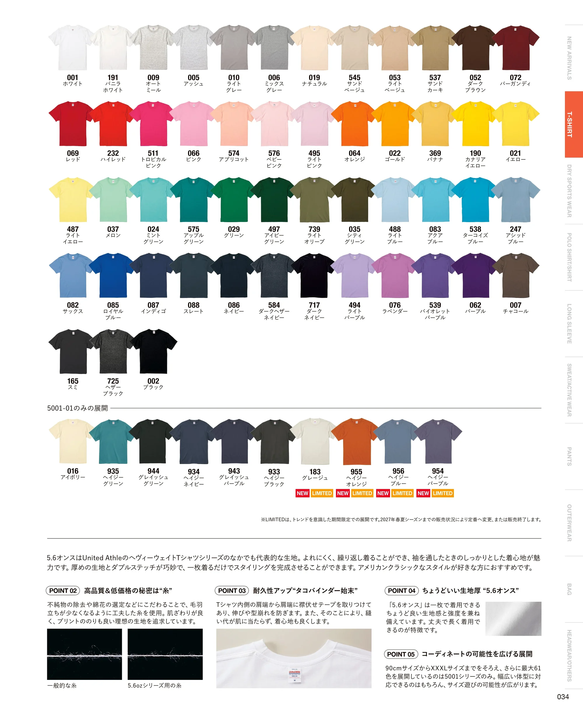 キャブ 5001-01-I 5．6オンス ハイクオリティー Tシャツ（アダルト） 関連情報 カタログ 34ページ