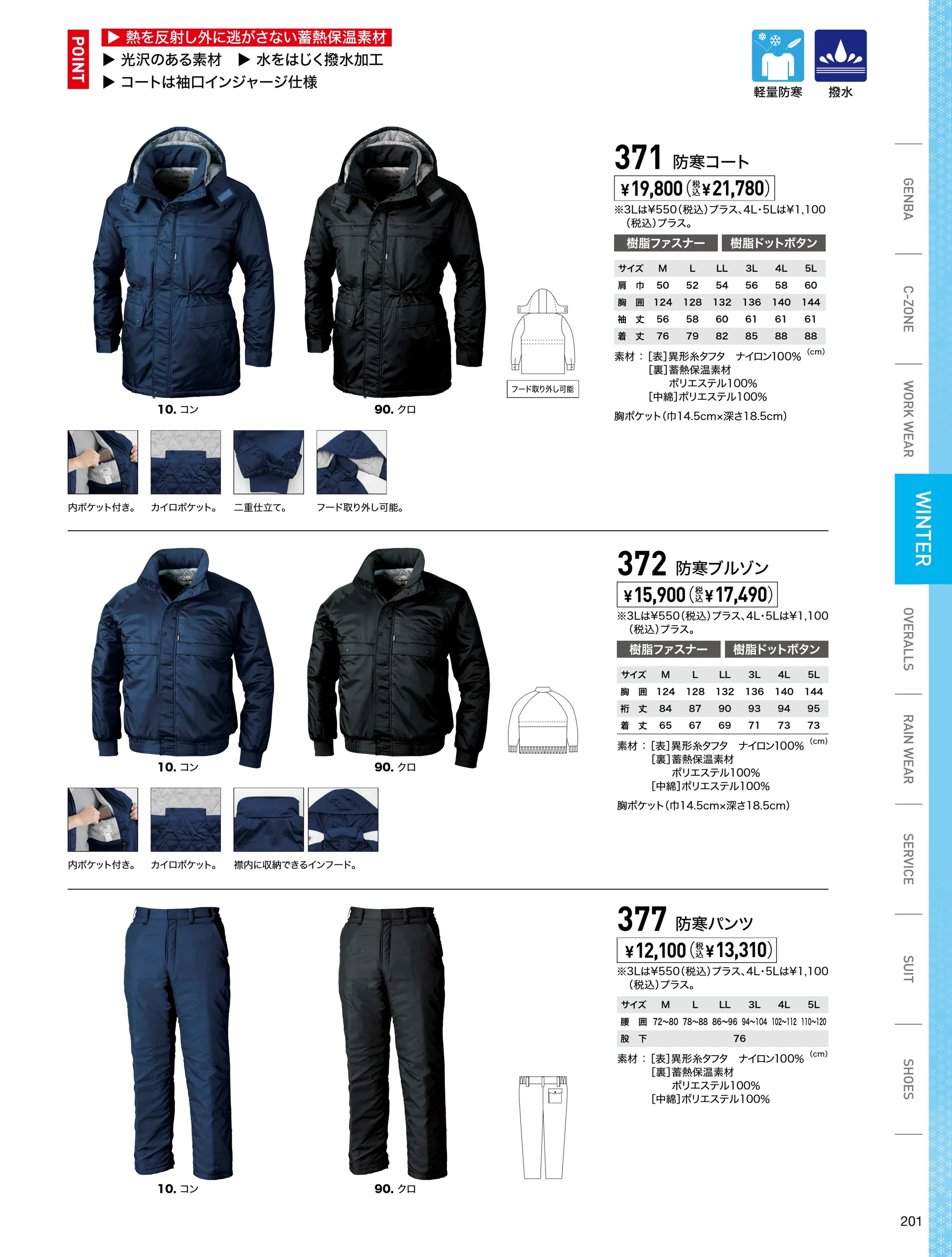 ジーベック 377 防寒パンツ 関連情報 カタログ 201ページ