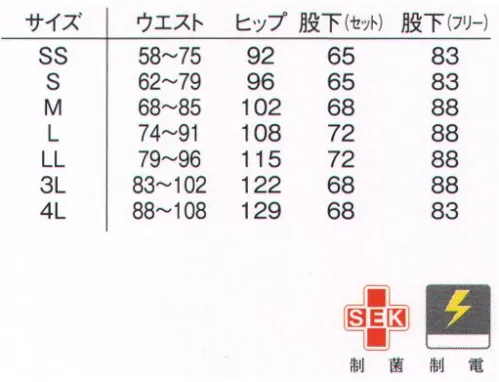 アプロン 402-60AP 男女兼用スクラブパンツ（股下フリー） ラクにはけて動きやすいスクラブパンツ。ウエストは総ゴム仕様・ひも付きで、サイズ調節が可能です。両脇には便利なポケット付き。機能性にも優れています。フルダルストレッチツイルフルダル糸を使用。酸化チタンを混合し、糸自体の透けを防止し、高い防透性とUVカット効果がありストレッチ性に優れています。 サイズ／スペック