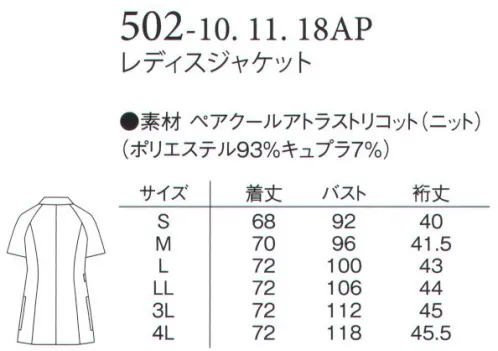 アプロン 502-18AP レディスジャケット アシンメトリーなロールカラーのジャケット。着脱が容易なフロントファスナーです。パンツとの組み合わせでお選びください。ペアクールアトラストリコット特殊フルダルポリエステルを使用しており、高度な防透性を実現。肌面にキュプラ繊維が触れる構造で、ソフトな肌当たり。接触冷感、吸湿性が高く、快適な着心地を実現。旭化成のキュプラの特徴絹のようにやさしく、なめらかな上質素材。染色性が高く深みのある色合いは、光沢があり高級感にあふれ、肌を優しく包み込みます。また、吸湿、放湿性に優れたセルロース繊維は、耐摩耗性や耐久性が高く、肌へのまとわりつきを抑える制電性も兼ね備えた実用的な素材です。 サイズ／スペック