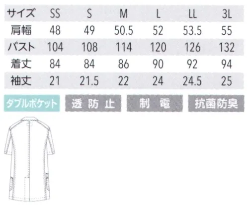 アルベチトセ UN-0101 ドクターコート（半袖） カジュアルなシルエットのドクターコート。軽い着心地で快適に過ごせます。●リップストップ格子状の織り柄が特徴的な「リップストップ」。シャリ感があり、軽い素材ながらも避けにくく丈夫。動きに合わせて伸びるストレッチ性能、抗菌防臭性能も備えています。 サイズ／スペック