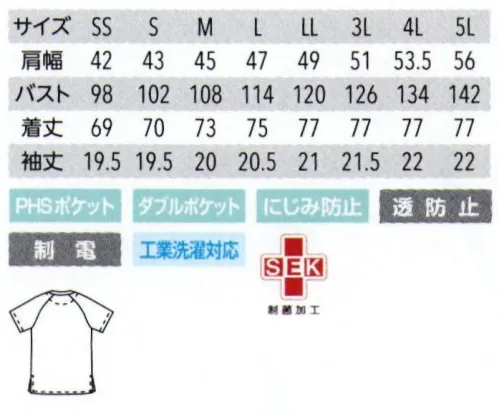 MIZUNO MZ-0018A スクラブ（兼用） かがんだ時に、胸元、腰回りが見えない新設計。エチケット機能をプラス。トップアスリートの要求にこたえるため、常に開発を続けるスポーツブランド ミズノ と、UNITEの高いデザイン性が融合。  制菌、制電、透け防止機能があり、さらりとした肌触りが心地よいトロピカル生地を採用。袖ぐりや胴回りにゆとりをもたせるなど、身体への負担やストレスが少ないデザインにしました。また、左胸ポケットはPHS専用ポケット付き、右脇ポケットは、ダブルポケット仕様など、医療現場に必要なさまざまな機能も充実させています。 ●医療現場の要望に応えるPHS専用ポケットを開発。医療現場のスタッフが持ち歩く物のひとつにPHSがあります。しかし、前屈みになった際に胸ポケットからPHSが滑り落ちるなど、収納に困っている方も多いと思います。そこで、UNITEはウィルコムの協力により、伸縮性のあるメッシュ素材でPHSをしっかり固定するPHS専用ポケットを開発。胸ポケットを二重構造とし、PHS専用ポケットを設けました。※他のお色は、商品番号【MZ-0018】に掲載しております。 サイズ／スペック