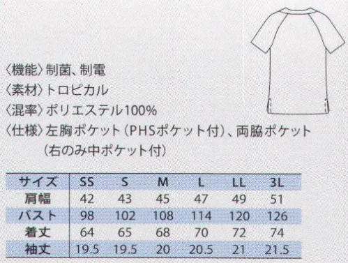 MIZUNO MZ-0021 スクラブ（兼用） 制菌、制電、透け防止機能があり、さらりとした肌触りが心地よいトロピカル生地を採用。袖ぐりや胴回りにゆとりをもたせるなど、身体への負担やストレスが少ないデザインにしました。また、左胸ポケットはPHS専用ポケット付き、右脇ポケットは、ダブルポケット仕様など、医療現場に必要なさまざまな機能も充実させています。  ●医療現場の要望に応えるPHS専用ポケットを開発。医療現場のスタッフが持ち歩く物のひとつにPHSがあります。しかし、前屈みになった際に胸ポケットからPHSが滑り落ちるなど、収納に困っている方も多いと思います。そこで、UNITEはウィルコムの協力により、伸縮性のあるメッシュ素材でPHSをしっかり固定するPHS専用ポケットを開発。胸ポケットを二重構造とし、PHS専用ポケットを設けました。 サイズ／スペック