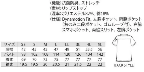 MIZUNO MZ-0157 スクラブ（兼用） 格子状の織り柄で仕上げた透け感のないリップストップ生地を採用。軽量でありながらタフなワークテイストスクラブ。DynamotionFitMIZUNO Dynamotion Fitは、解剖学や3DCGを使ったトップアスリートの動作解析を基に運動時の動きやすさを追求したウェア構造です。動的機能裁断や機能素材選定により、ウェアの引きつれや圧迫感を軽減し、運動中のフィット感を高めることでパフォーマンスを向上させます。●スマホポケット付きPHSはもちろん、大型のスマートフォンも入る容量です。●中ポケット付き携帯品の仕分けに便利なダブルポケット仕様。収納力に優れています。 サイズ／スペック