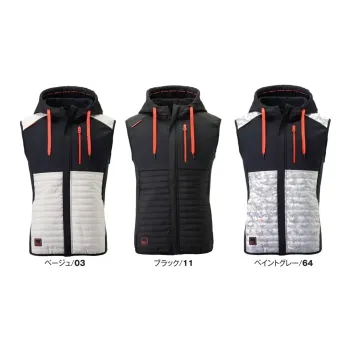 アタックベース 63000 ピンソニックフードベスト 63000 ピンソニックフードベスト中綿を挟み込んだ防風三層生地とニット切替を組み合わせた高機能ベスト。フロントには熱圧着のピンソニック加工を施し、縫い目のないフラットな仕上がりでスタイリッシュ。裏起毛仕様で保温性も高く、軽量で動きやすい冬場の万能アイテムです。特徴・防風三層構造で冷気の侵入を防止・裏起毛仕様で暖かい・左胸ファスナーポケット、両脇ポケット付きで収納性も抜群・防寒性を高めるフード付き仕様・品番:63000・カラー:ベージュ/03、ブラック/11、ペイントグレー/64・サイズ:S～5L