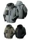アタックベース 7743 The tough 空調風神服 チタンフード長袖ブルゾン(ファン・バッテリー別売) フルハーネス対応の極涼ブルゾン特徴・裏チタン加工と遮熱仕様でMAX-12.5℃・背もたれに干渉しないサイドファン仕様・高所作業も安心！フルハーネス対応・両脇ポケット、左右胸ポケットで収納も充実・左袖に便利なペン差し付き・保冷剤ポケット付きなので更に涼しく・着脱可能なデタッチャブルフードは必要なときだけ装着できます・首筋を吹き抜ける立体風気路※チタン加工の特性上、摩擦や洗濯に弱く、チタン脱落の恐れがございます。※この製品に漂白剤(塩素系、酸素系)は絶対に使用しないでください。※ご使用の際にはファン・バッテリーをお買い求めください。 すぐに使えるスターターキットがおすすめです。仕様品番:7743品名:The tough 空調風神服 チタンフード長袖ブルゾン