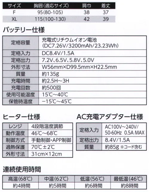 旭蝶繊維 11001 ヒーターインサートベストセット HEATER INSERT VEST多機能で寒いシーンでの活躍度、圧倒的！ユニフォームの下にこのベストを着てあったか快適■特長・4段階温度調節・スマートフォンで操作可能。専用アプリでON/OFFや温度調整が可能・過熱防止安全装置付（70℃±2℃）・使い捨てカイロよりも経済的・簡単着脱■使用方法1.ウェアのヒーターユニット収納ポケットにヒーターユニット（プリント柄）を差し込んでセットする2.ヒーターユニットのDC端末を肩部内側のループ通し、コード通し穴から表側に出す3.バッテリーをバッテリー収納ポケットに格納し、バッテリーの差し込み口にしっかり差し込む■セット内容インサートベスト×1枚ヒーターユニット×1個・バッテリー×1個バッテリー×1充電器×1※単品販売はしておりません。使用前に必ず付属の取扱説明書をお読みください。使用中に異常を感じた場合は、着用をやめてください。11001はリチウムイオンバッテリーを使用しております。バッテリー・ヒーター・充電器を分解・改造・修理しないでください。また火への透過や加熱しないでください。爆発・火災・感電の原因となります。付属のバッテリー・ヒーターをセットでご使用ください。充電も専用充電器をご使用ください。他社品を使用すると火災や事故の原因となります。使用後は出来るだけ早く充電してください。再充電出来なくなる恐れがあります。長期間使用しない場合は、必ず満充電してから保管し、6か月に一度は再充電してください。洗濯の際は必ず、バッテリー・ヒーターを取り外し、インナーベスト単体で洗濯してください。仕様は予告なく変更する場合があります。※この商品はご注文後のキャンセル、返品及び交換は出来ませんのでご注意下さい。※なお、この商品のお支払方法は、先振込(代金引換以外)にて承り、ご入金確認後の手配となります。 サイズ／スペック