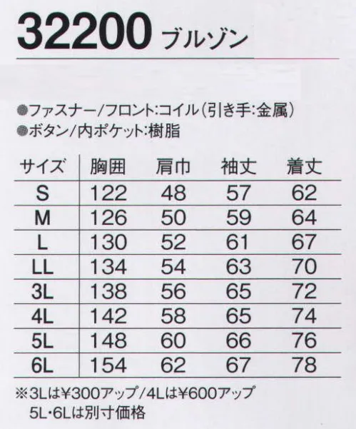 旭蝶繊維 32200 ブルゾン（軽防寒） 32200 SERIES   夜間の安全性を確保してスタイリッシュ。超撥水×軽量防寒。※「5 ブルー」「60 オレンジ」は、販売を終了致しました。 サイズ／スペック